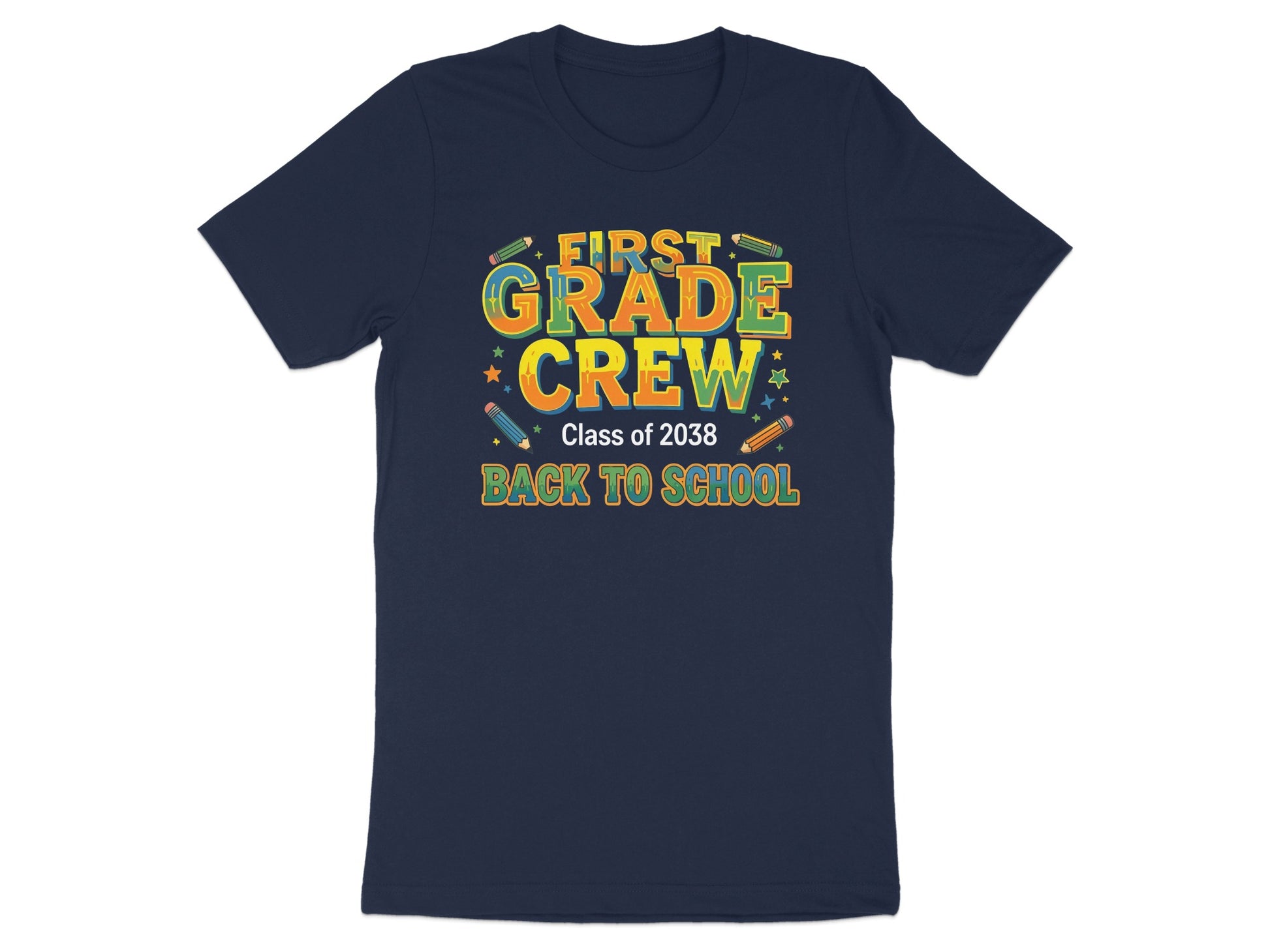 First Grade Crew Class of 2038 Back to School t-shirt with colorful lettering.