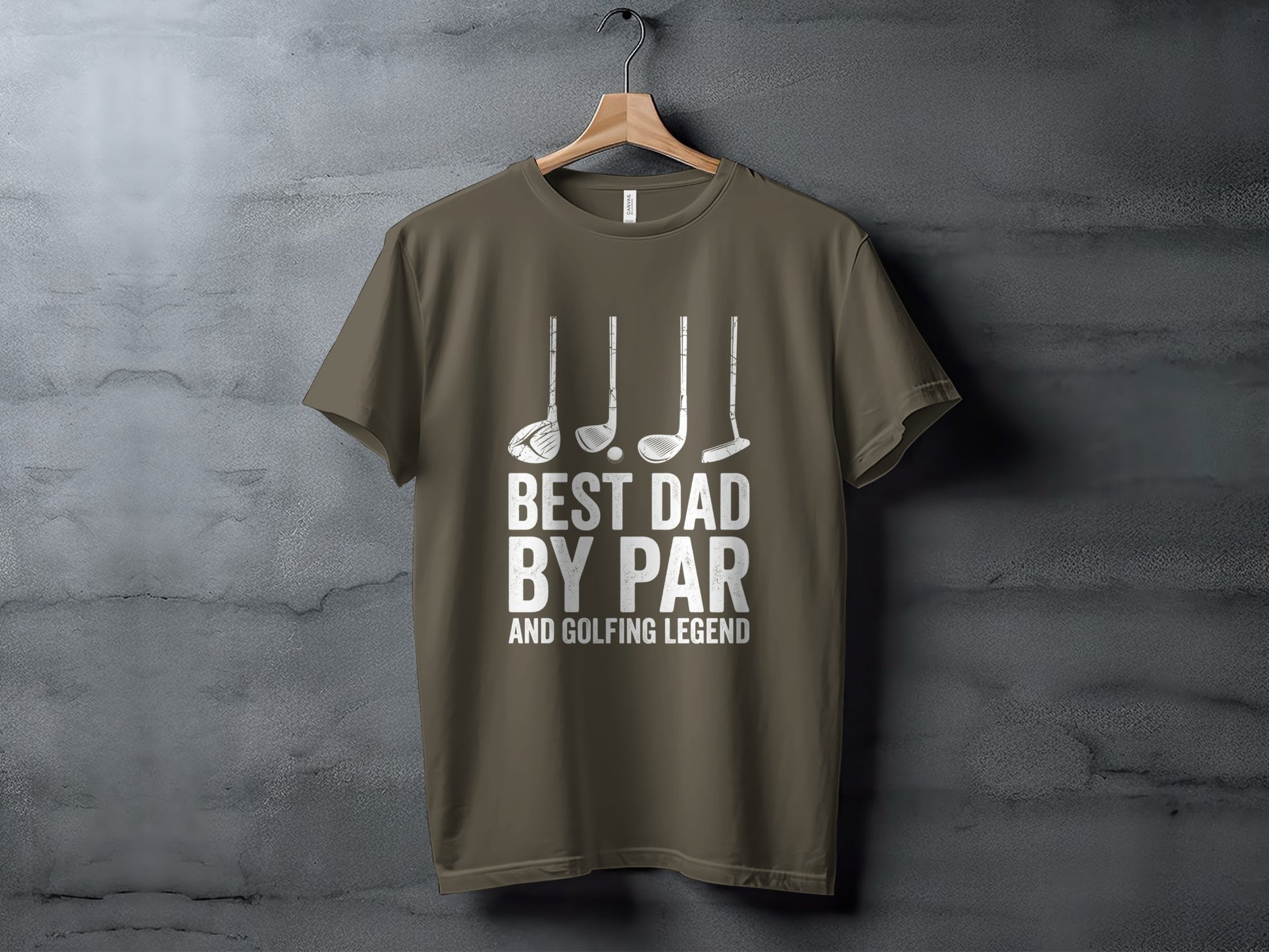 Brown t-shirt with "Best Dad By Par and Golfing Legend" text and golf clubs.