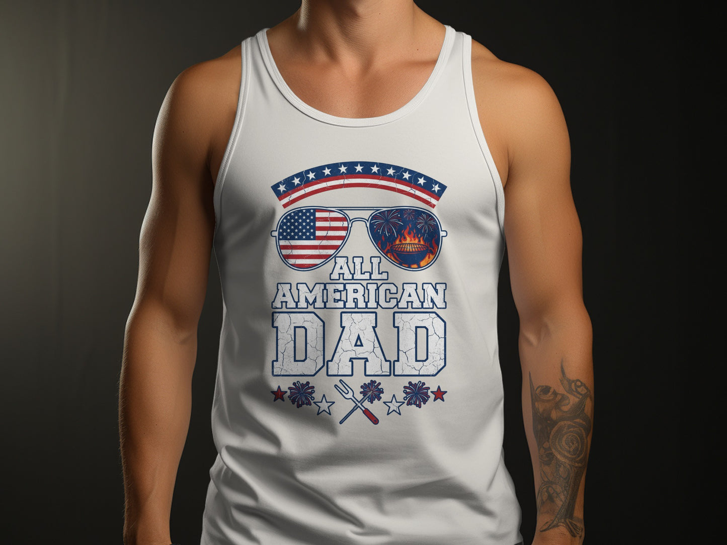 White tank top with "ALL AMERICAN DAD" graphic featuring patriotic sunglasses.