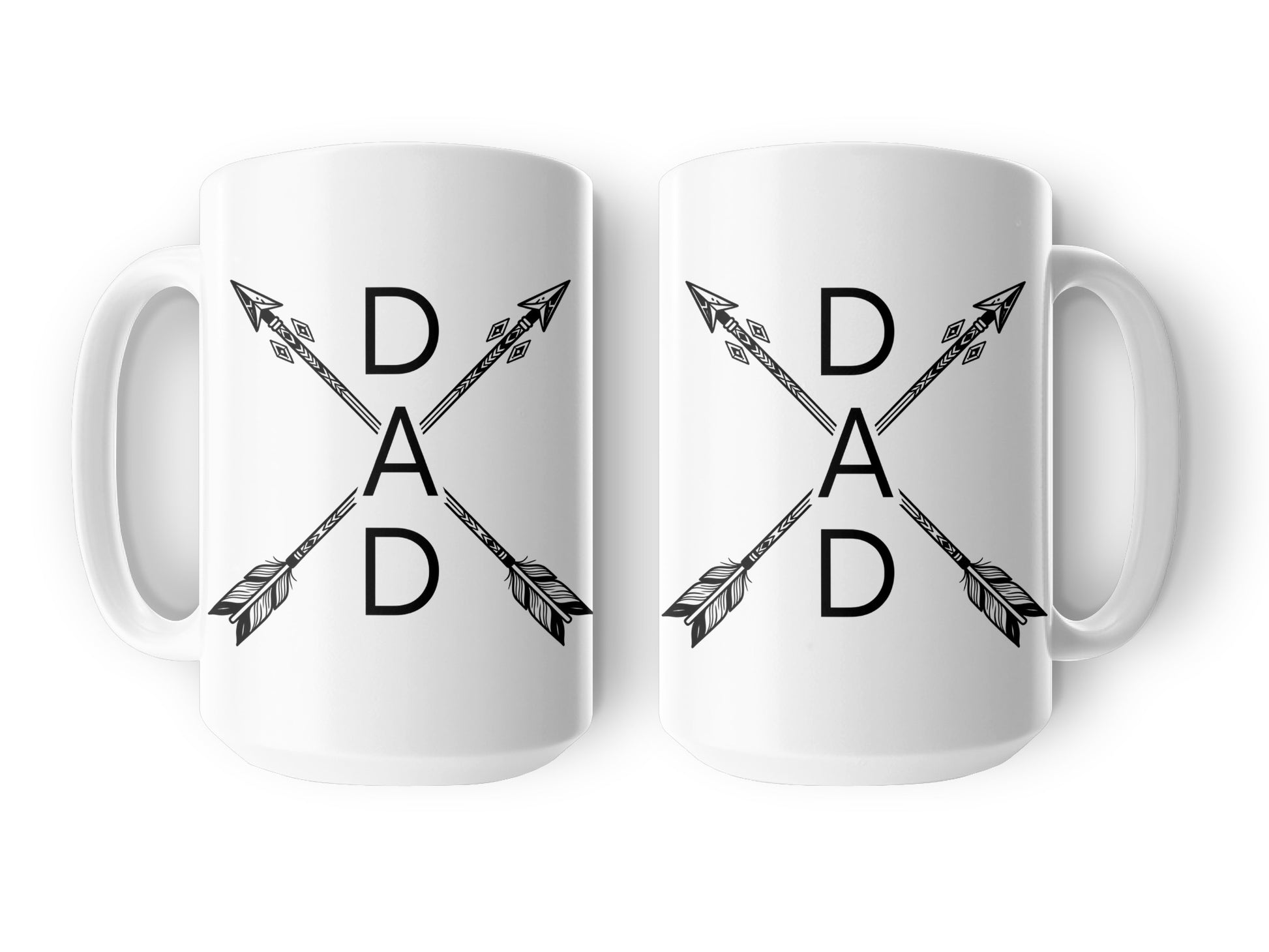 Two white mugs with "DAD" in black letters between crossed arrows.