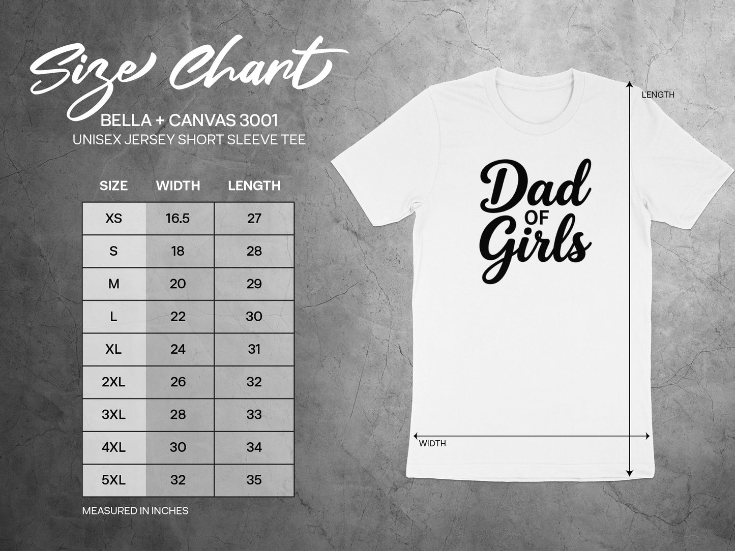 BELLA + CANVAS 3001 unisex t-shirt size chart with dimensions.