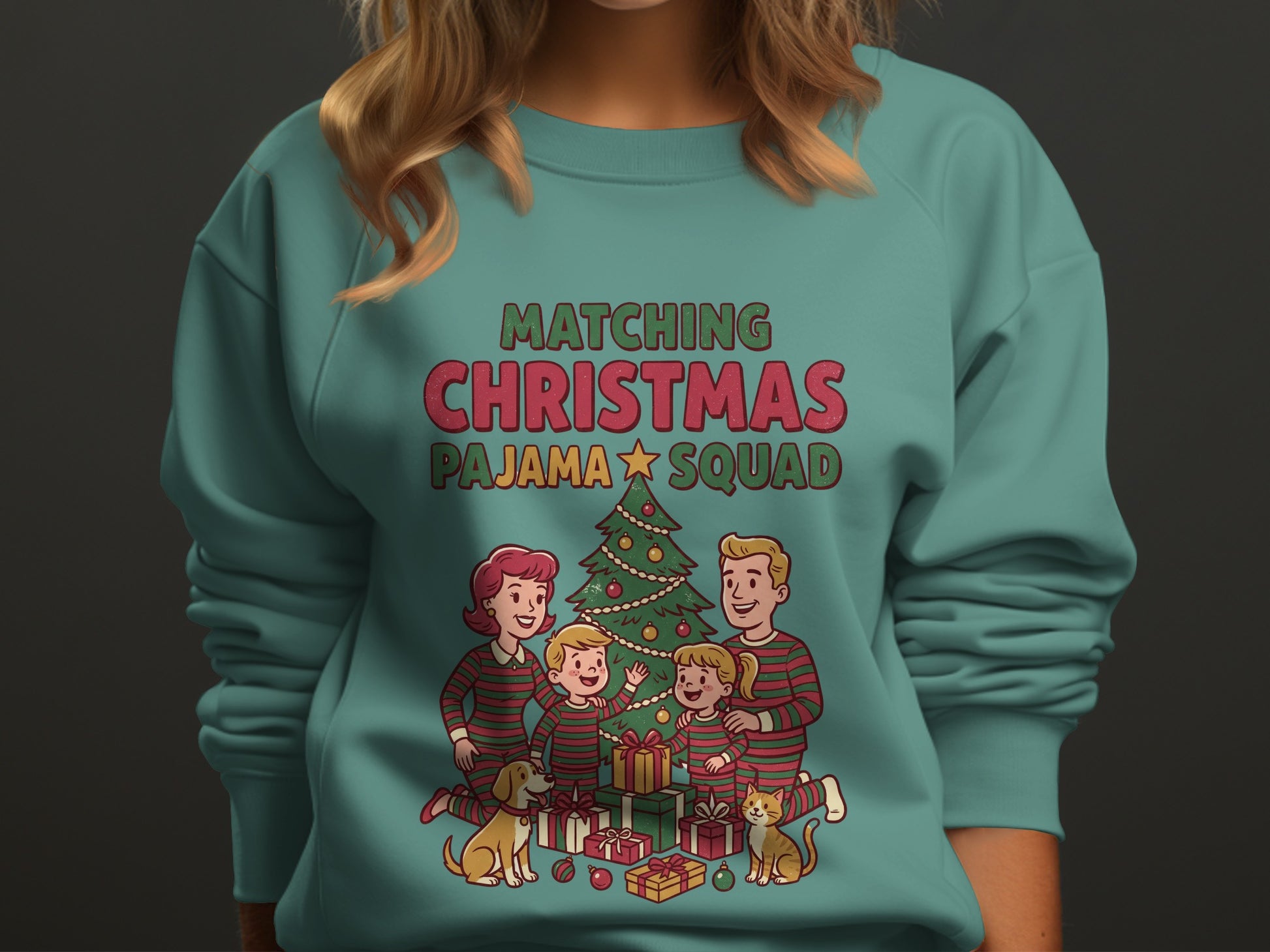 Matching Christmas Pajama Squad graphic with a family, tree, dog, and cat.