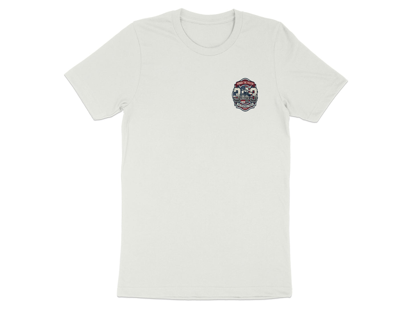 White t-shirt with a badge graphic featuring "343" and text "HONOR THE FALLEN".