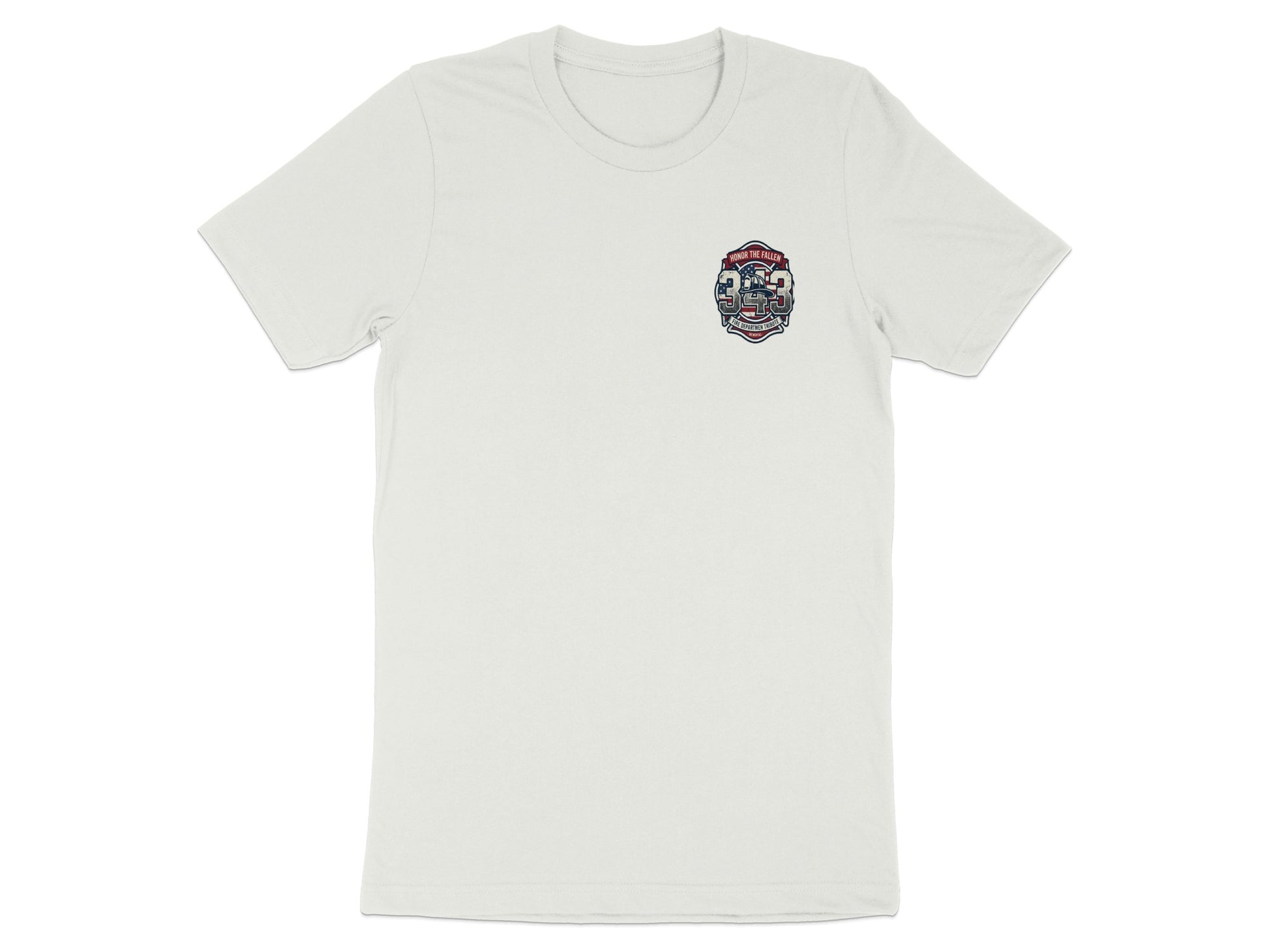 White t-shirt with a badge graphic featuring "343" and text "HONOR THE FALLEN".