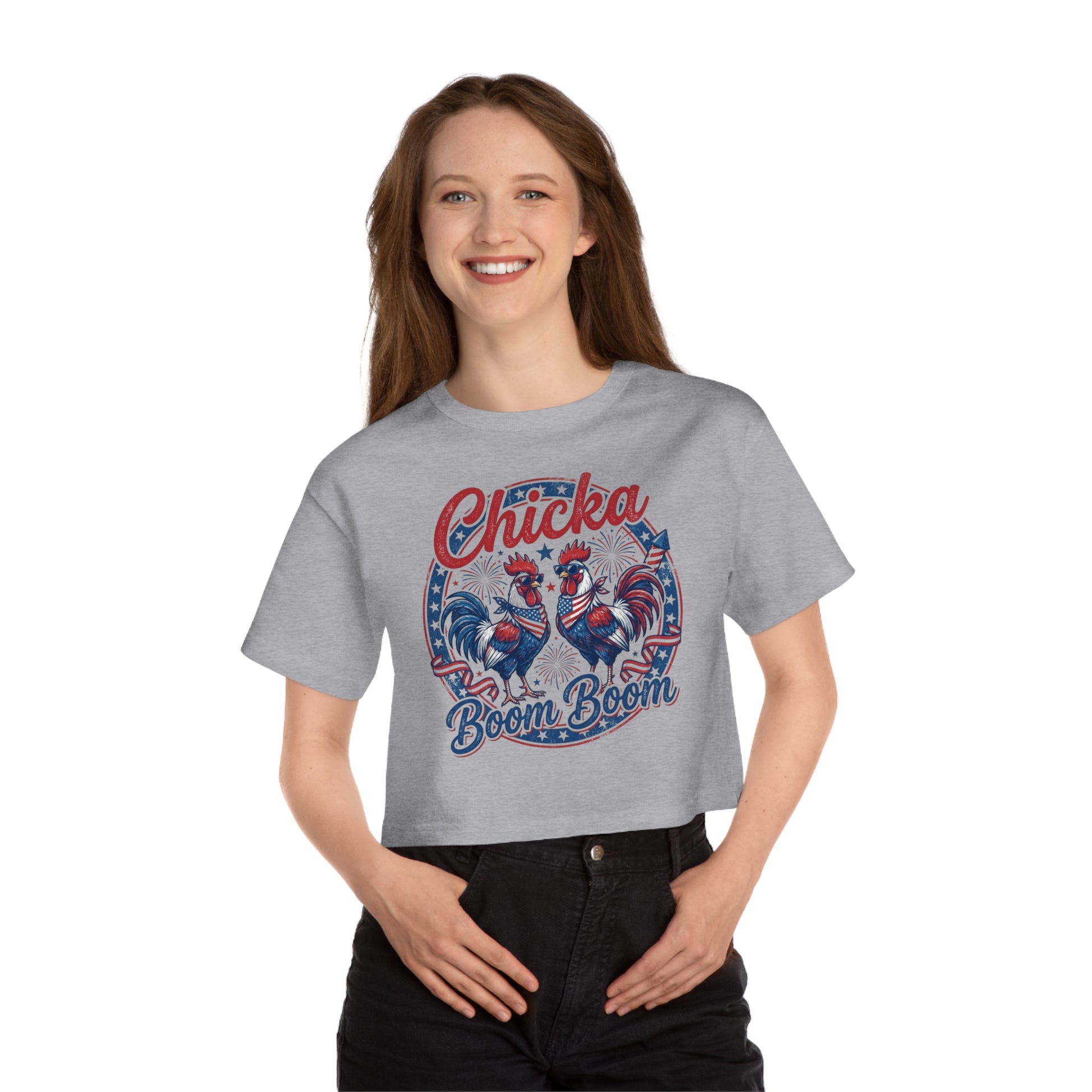 Graphic t-shirt with two roosters wearing sunglasses and bandanas, with text "Chicka Boom Boom".