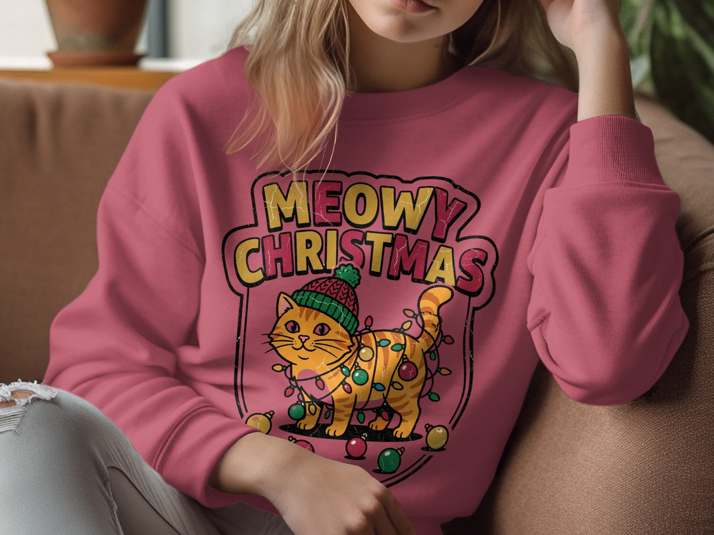Pink sweatshirt with a graphic of a cat wrapped in Christmas lights and text "Meowy Christmas".