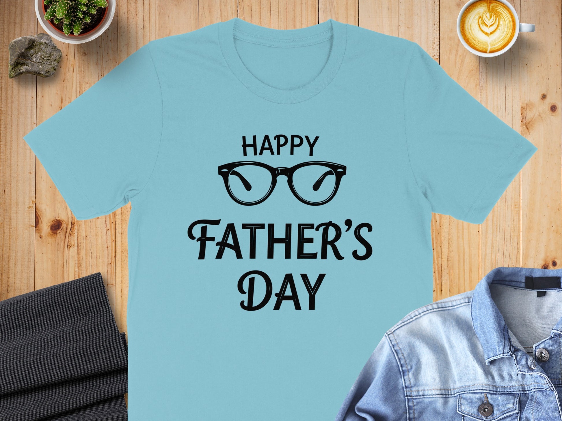 Light blue t-shirt with "Happy Father's Day" and glasses graphic.