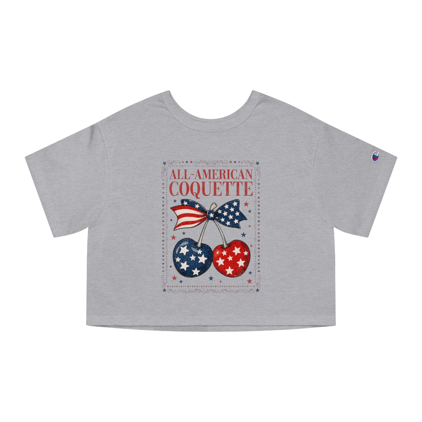 Grey crop top with "All-American Coquette" text and patriotic cherries design.