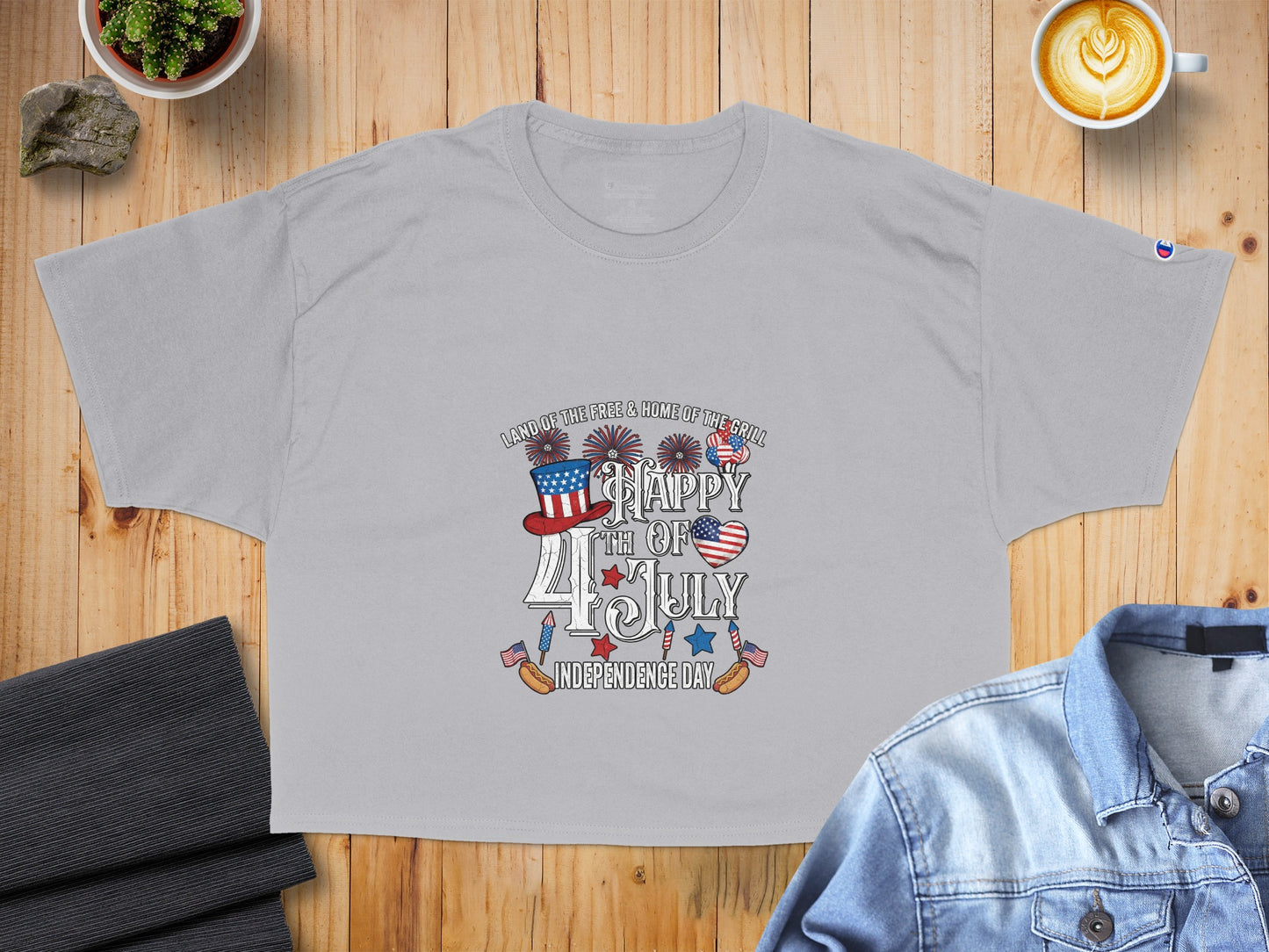 Light grey t-shirt with "Happy 4th of July" graphic and patriotic elements.