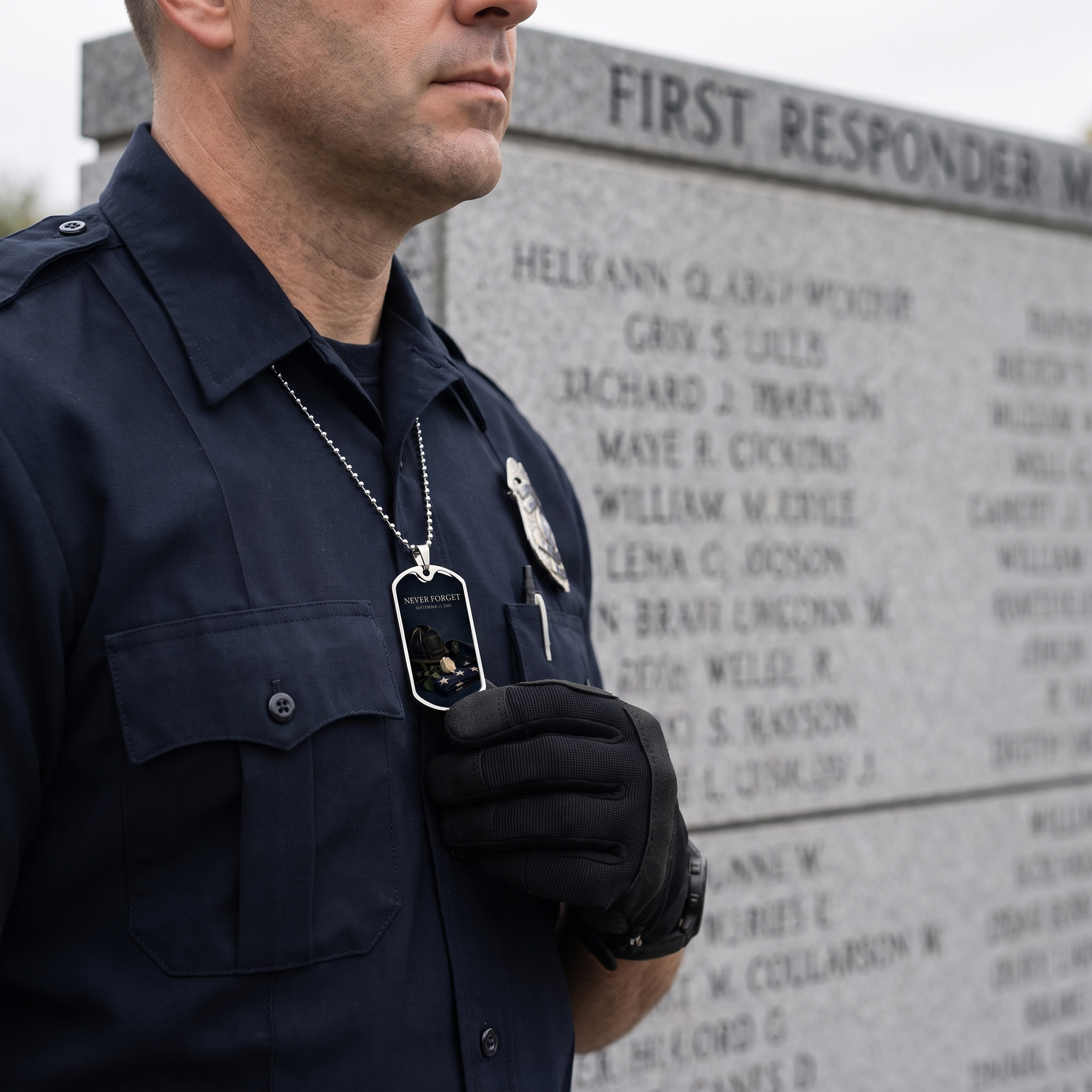 Police officer wearing the 9/11 service and sacrifice dog tag necklace at a first responder memorial wall