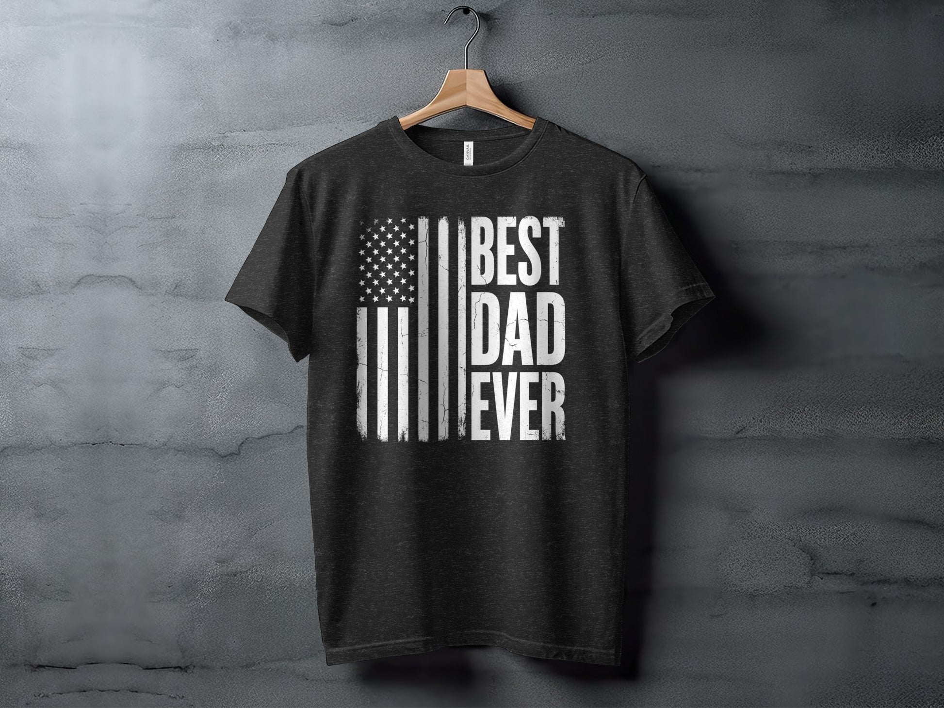 Dark t-shirt with "BEST DAD EVER" and American flag graphic.