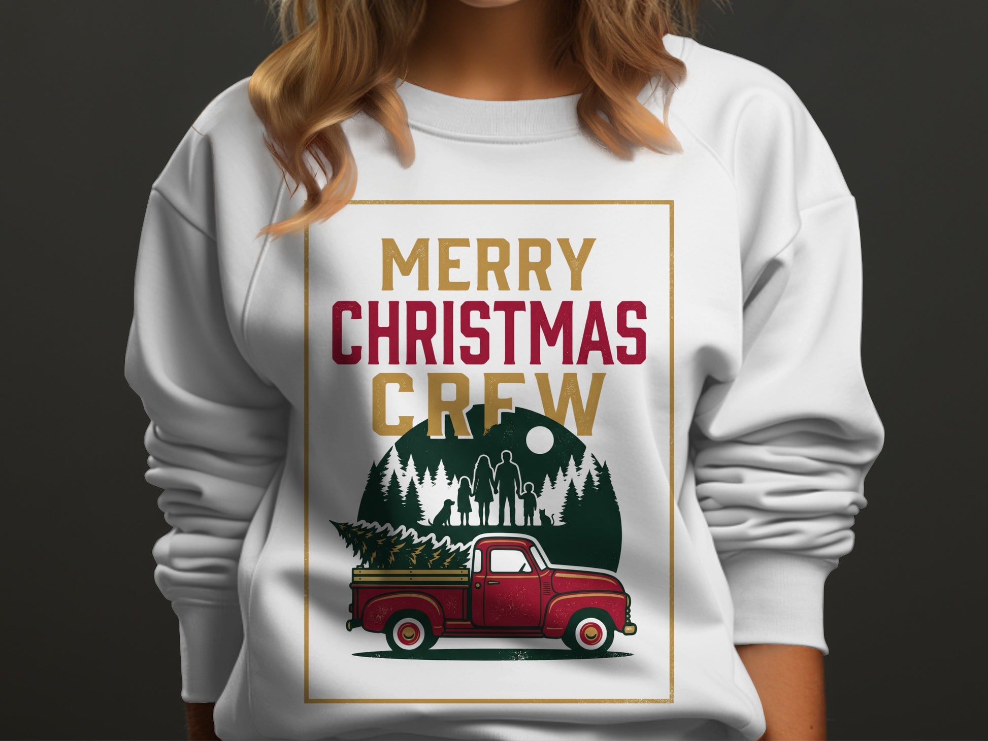 White sweatshirt with "Merry Christmas Crew" text and a red truck hauling a Christmas tree.