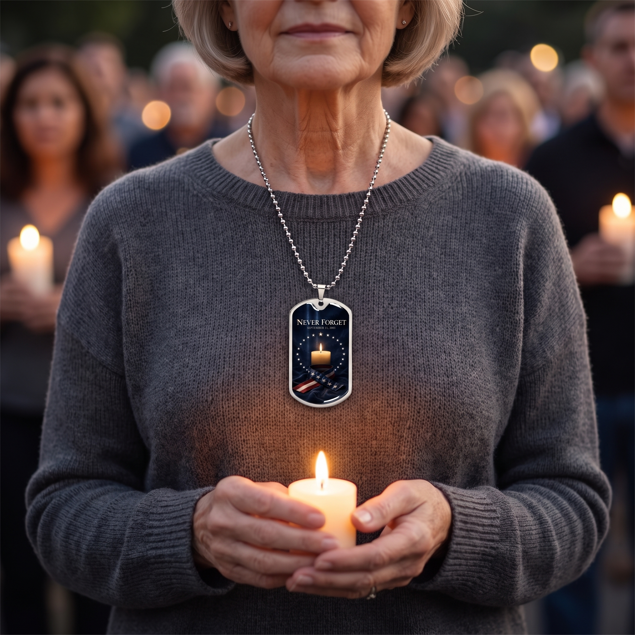 Woman wearing the 9/11 memorial candle dog tag necklace at an evening candlelight vigil