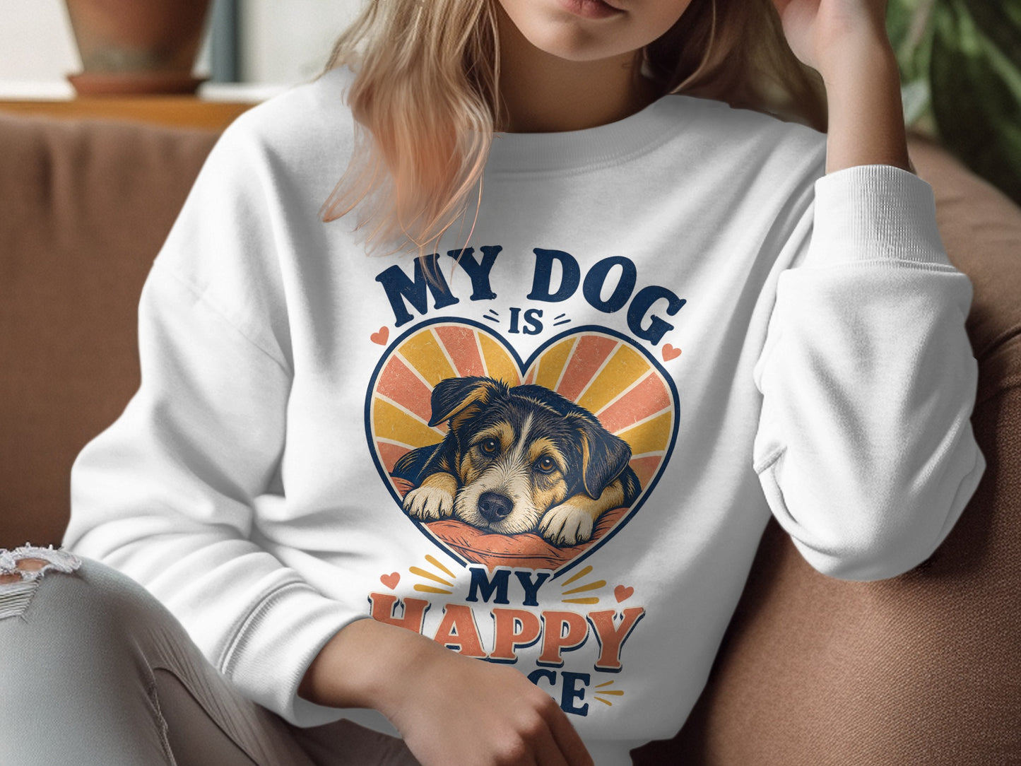 White sweatshirt with dog graphic and text "MY DOG IS MY HAPPY PLACE".