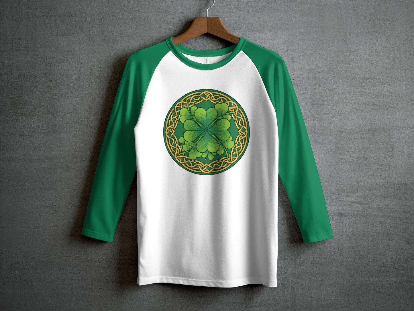 Shamrock Celtic Knot Green White Lucky Clover product type
Clover, Four Leaf Clover, Shamrock, Lucky, Celtic Knot, Irish, Ireland, St Patricks Day, Green, White, Raglan, Baseball Tee, Long Sleeve, Graphic Tee, Botanical, Nature, Gold Design, Symbol, Fortune, Spring