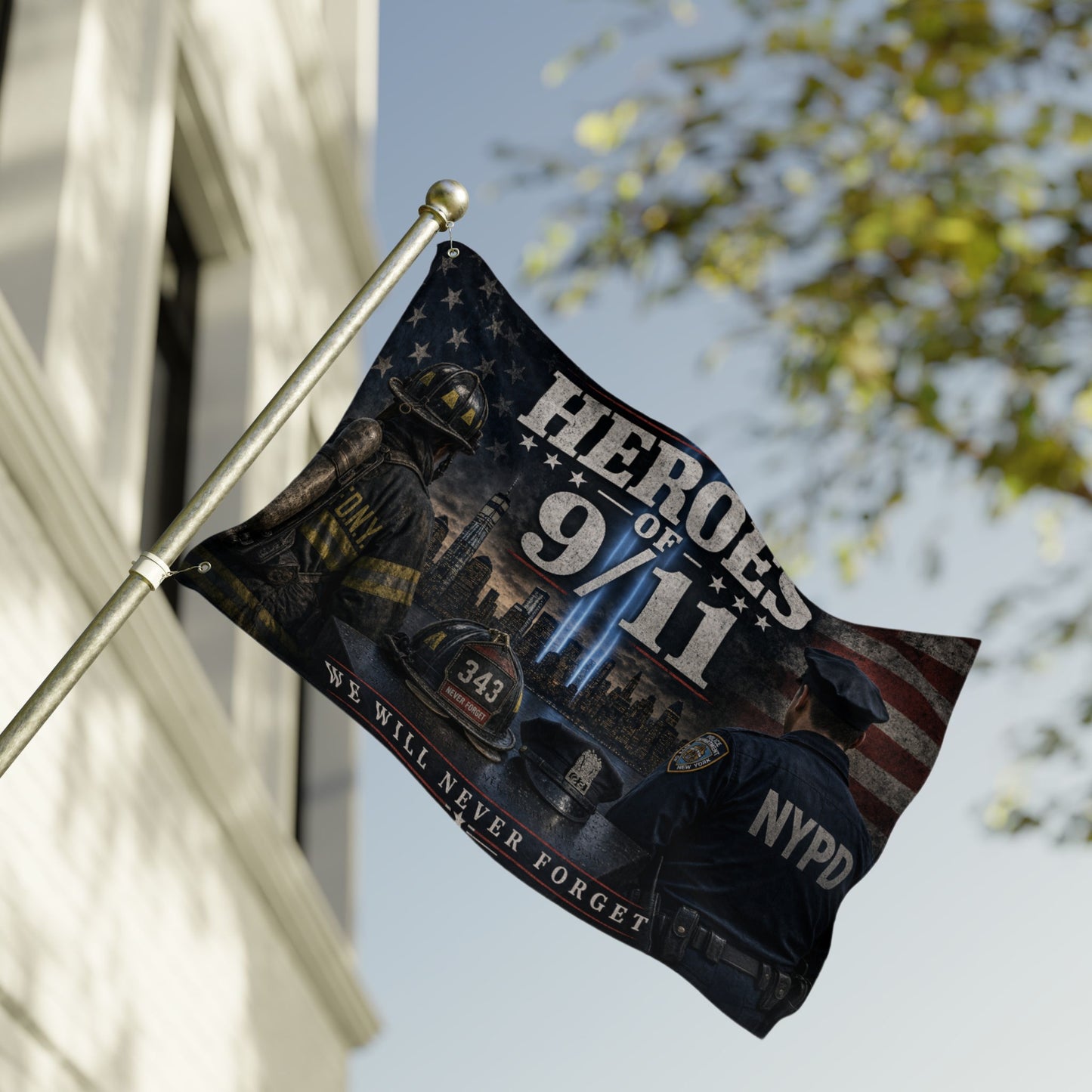 Flag featuring firefighters, NYPD officer, and "Heroes of 9/11" text.