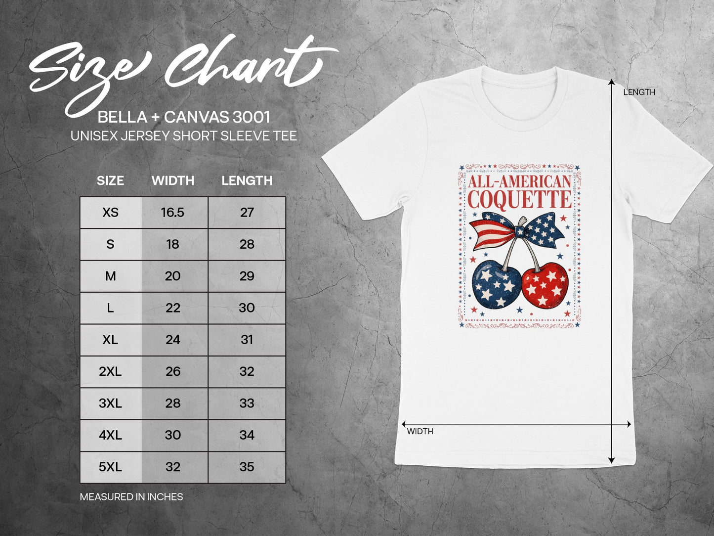 Bella + Canvas 3001 unisex tee size chart with measurements.