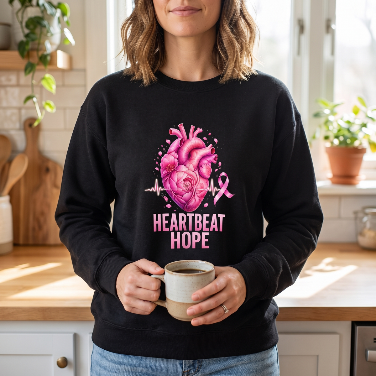 Woman wearing the Heartbeat Hope breast cancer awareness crewneck sweatshirt in a bright kitchen