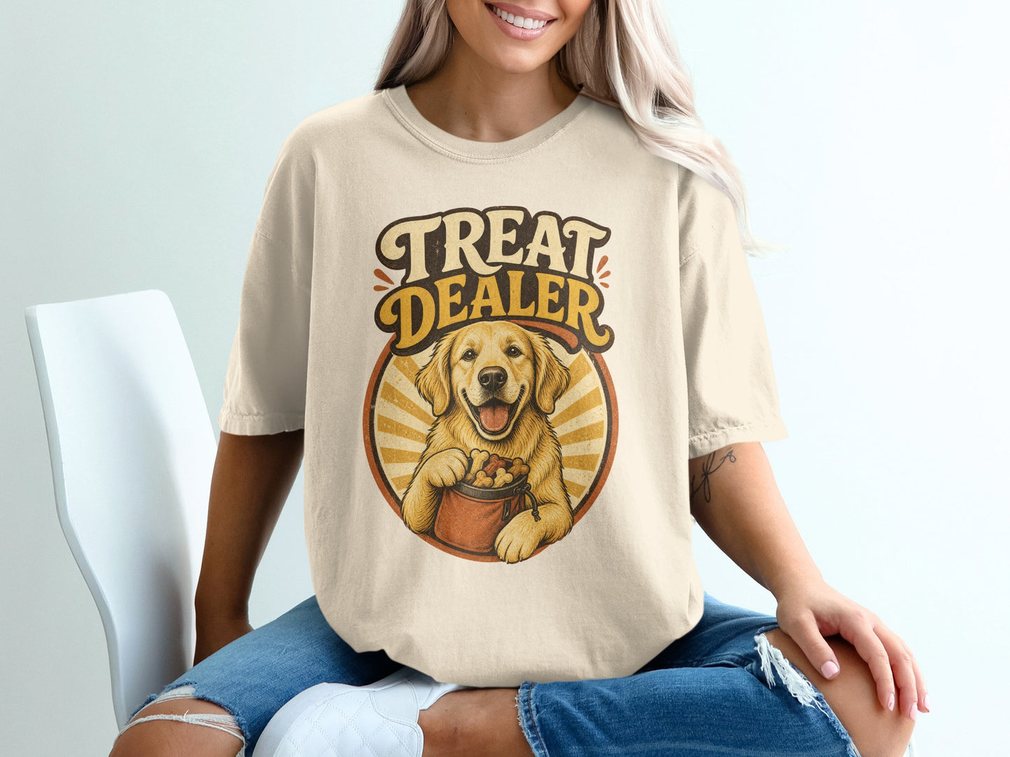 T-shirt with vintage style golden retriever and "Treat Dealer" text.
