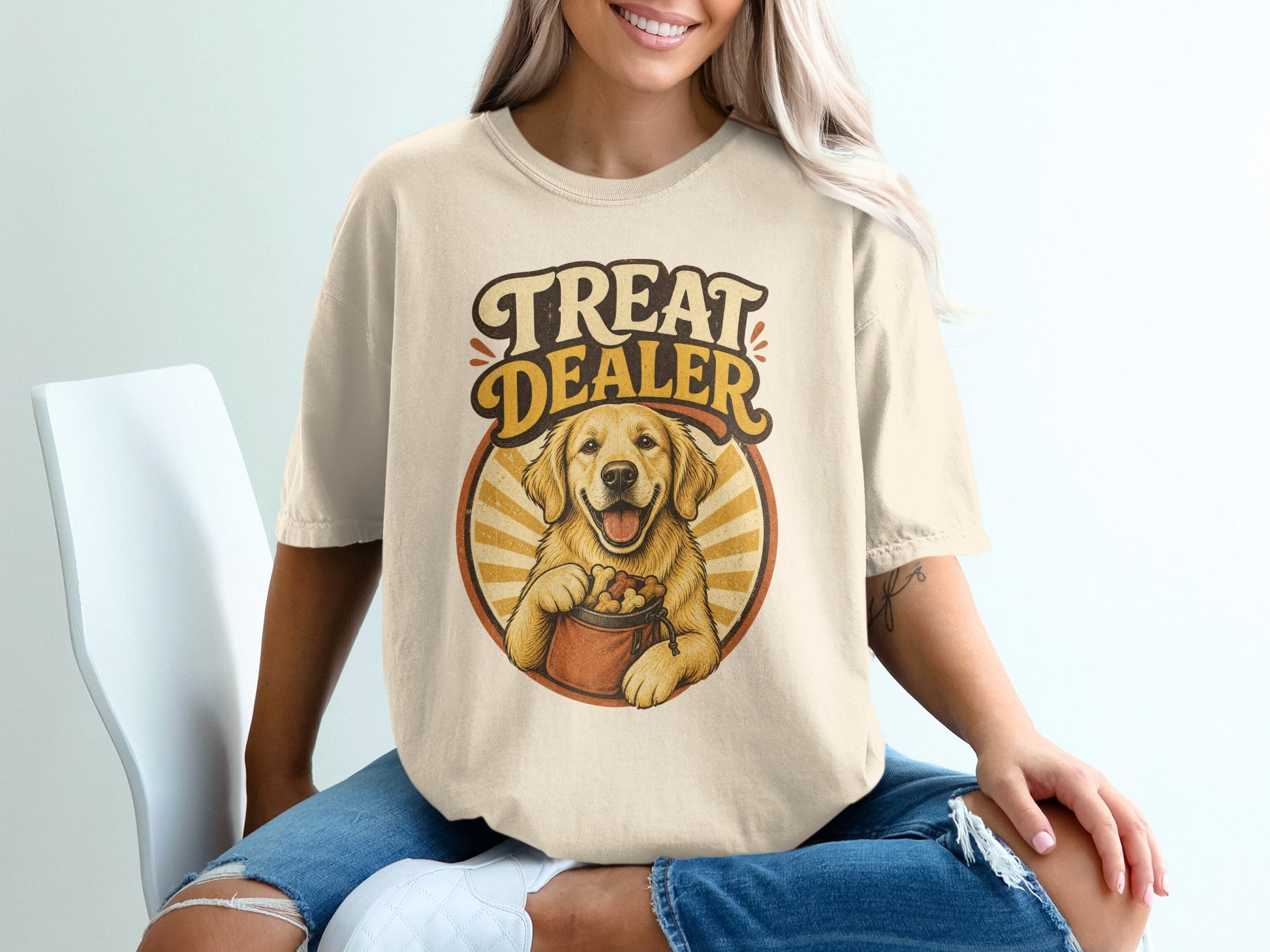 T-shirt with vintage style golden retriever and "Treat Dealer" text.