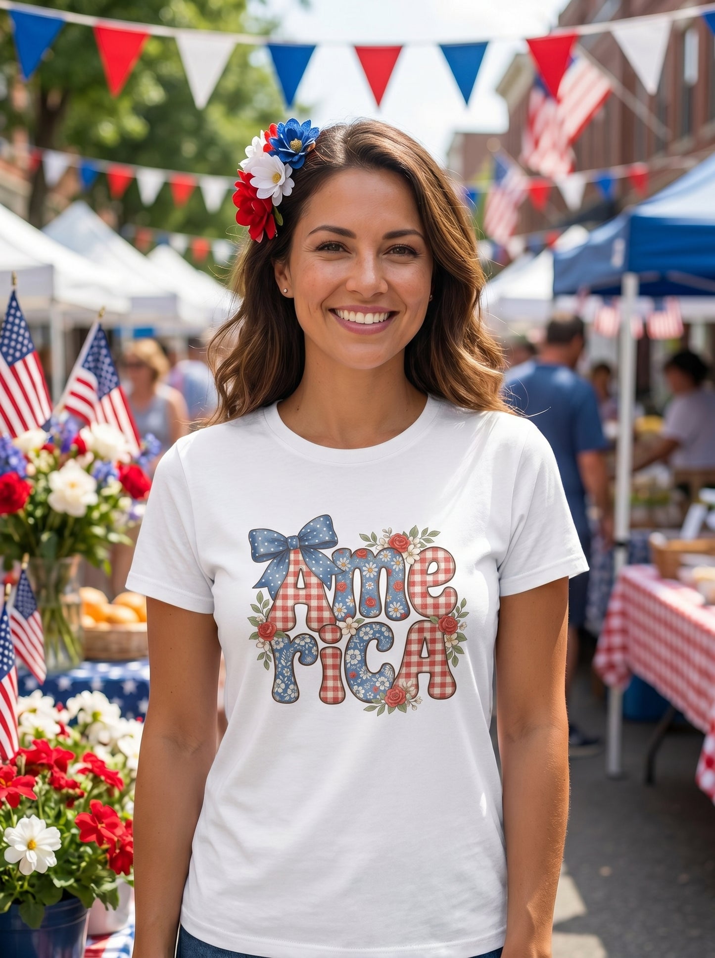 Lifestyle photo of woman wearing Vintage Americana Floral Bow T-Shirt