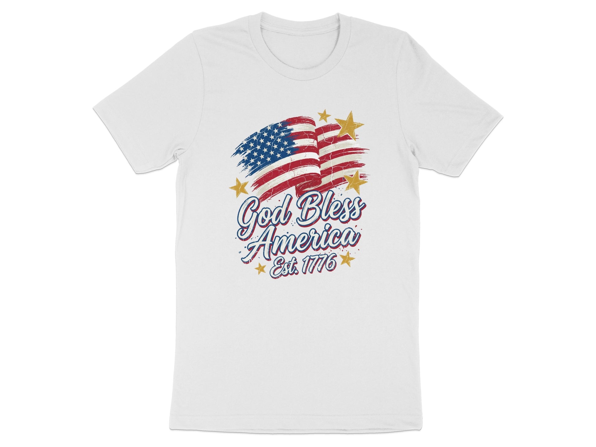 White t-shirt with "God Bless America Est. 1776" and American flag graphic.