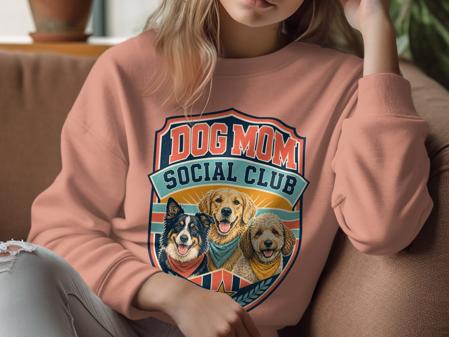 Crewneck sweatshirt with "Dog Mom Social Club" and three dogs graphic.