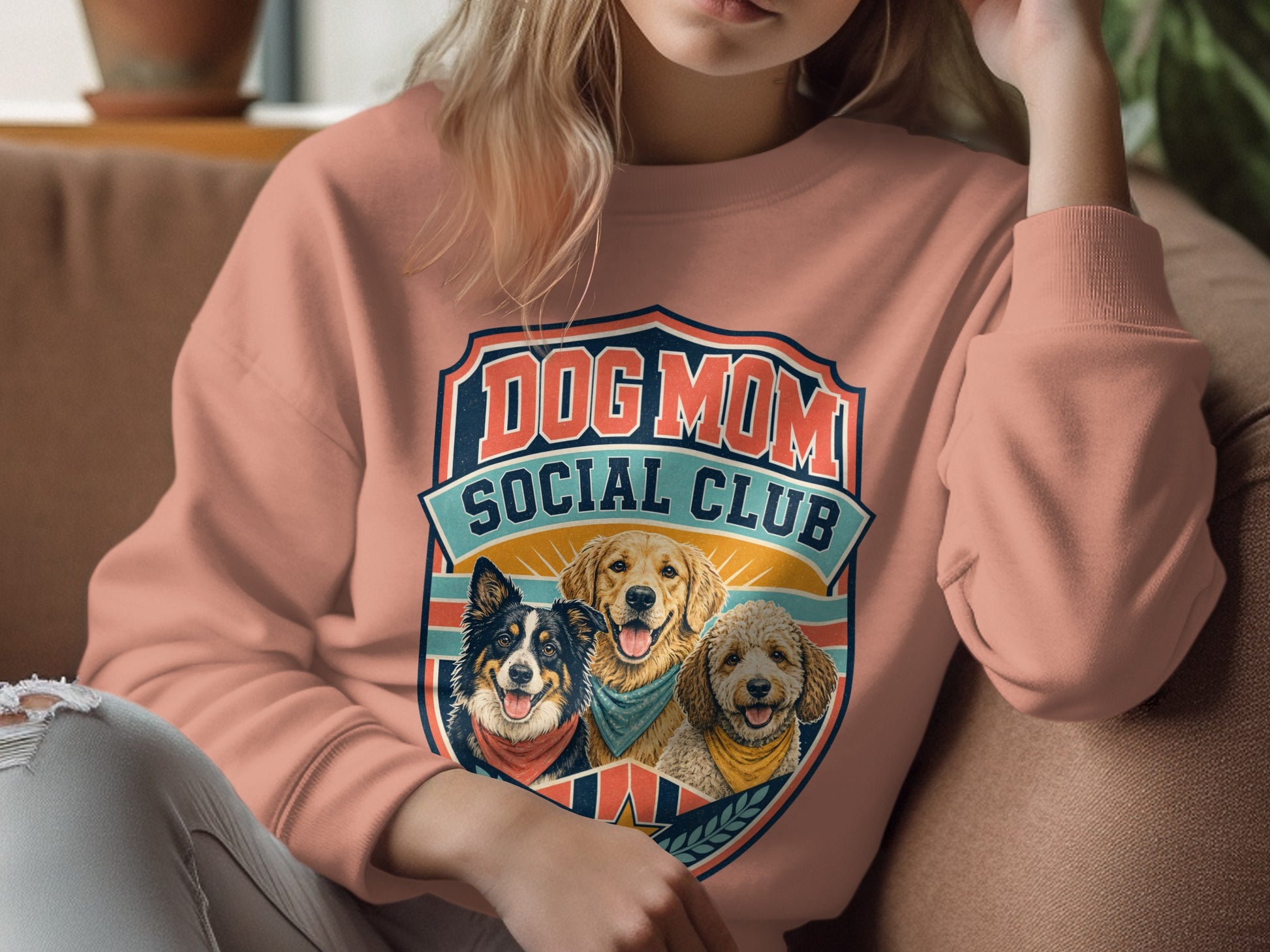 Crewneck sweatshirt with "Dog Mom Social Club" and three dogs graphic.