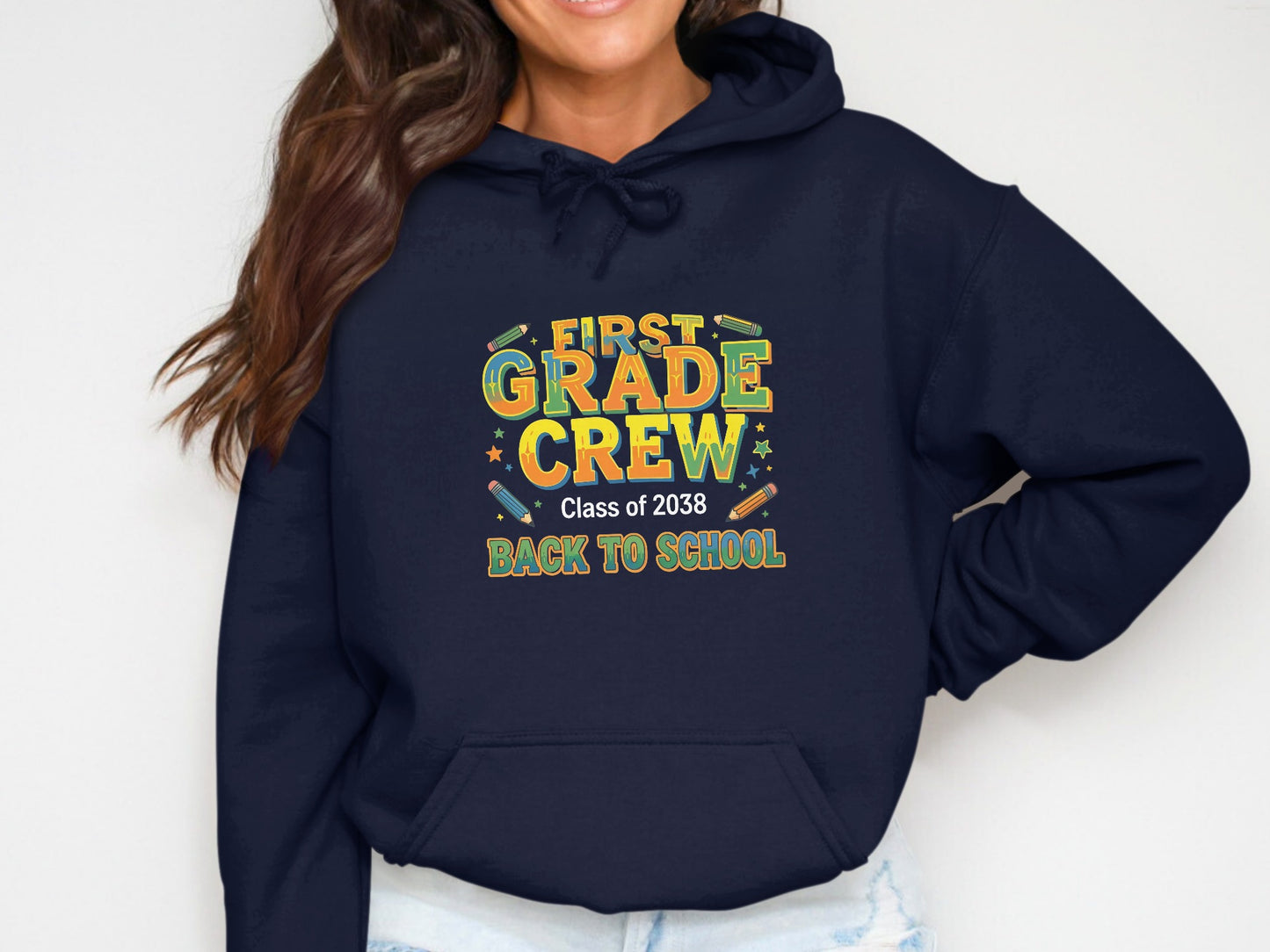 Navy blue hoodie with "First Grade Crew" and "Class of 2038 Back to School" text.