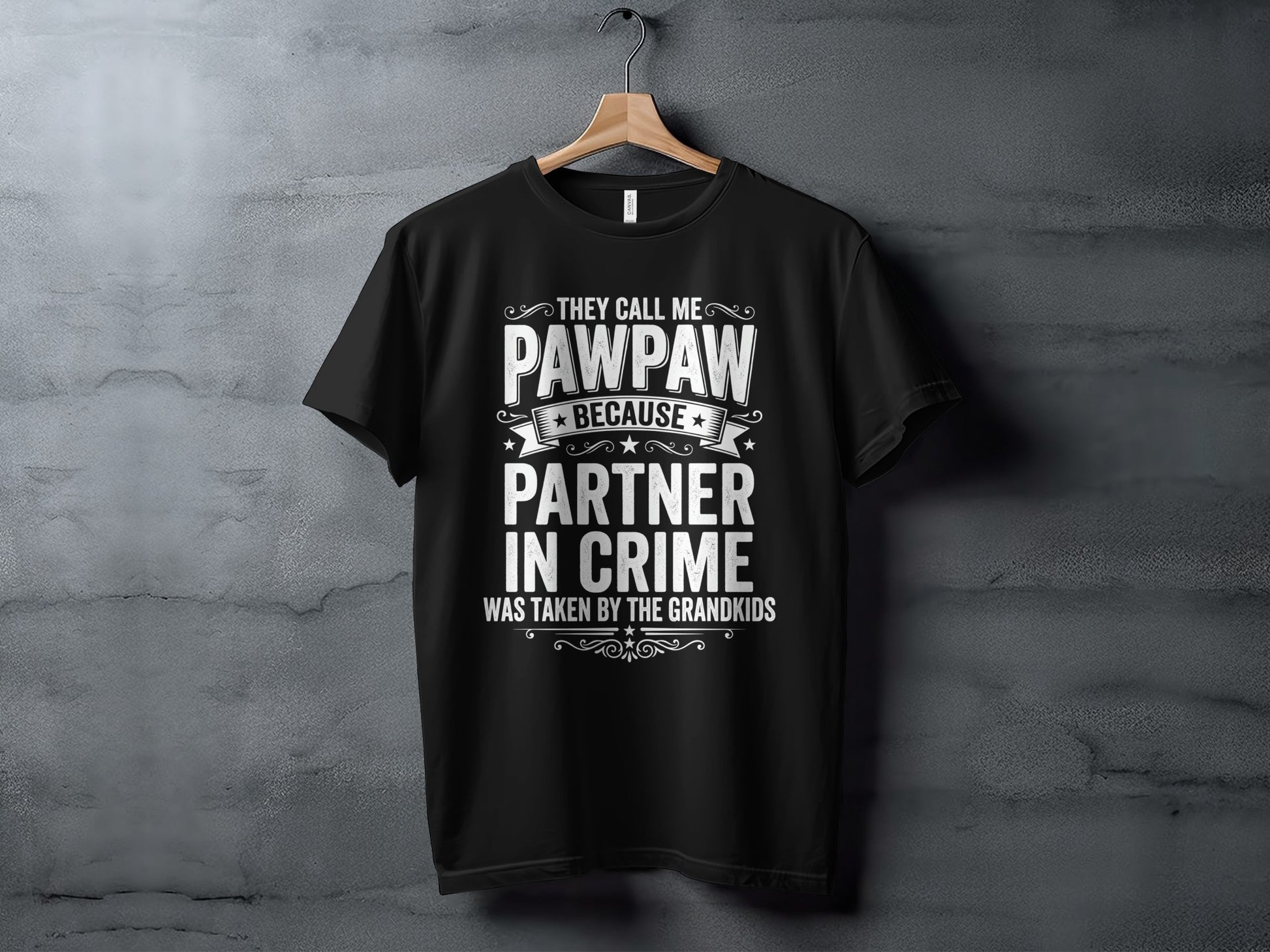 Black t-shirt with "They Call Me Pawpaw, Partner in Crime" text.