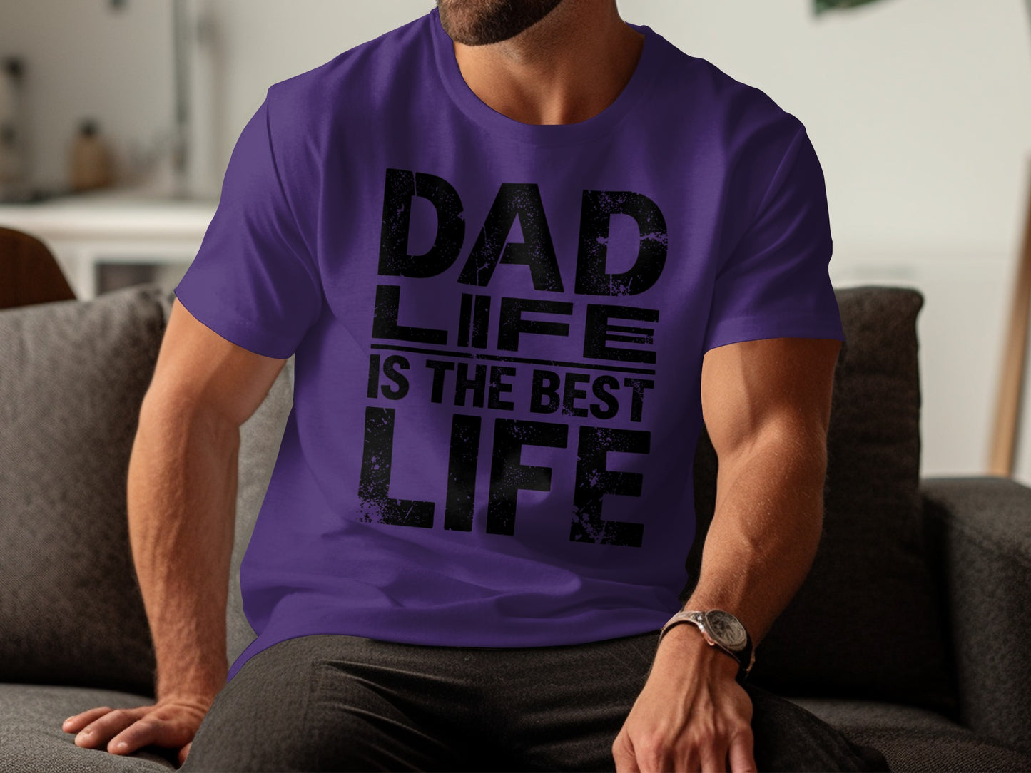 Purple t-shirt with black text "Dad Life is the Best Life".