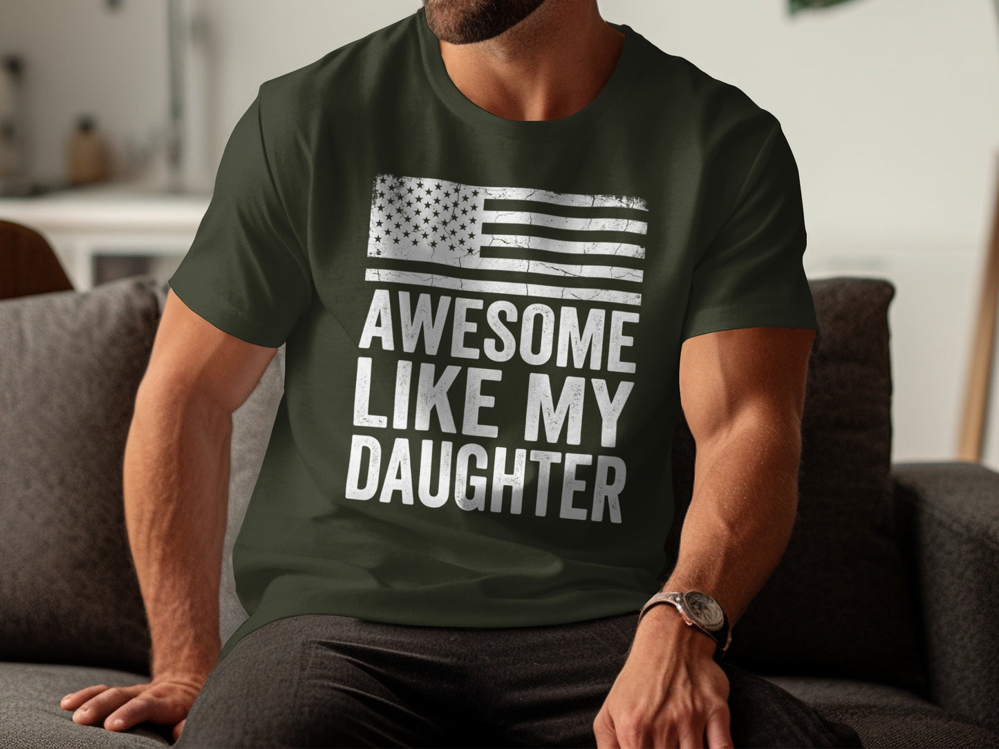 Dark green t-shirt with American flag and "Awesome Like My Daughter" text.