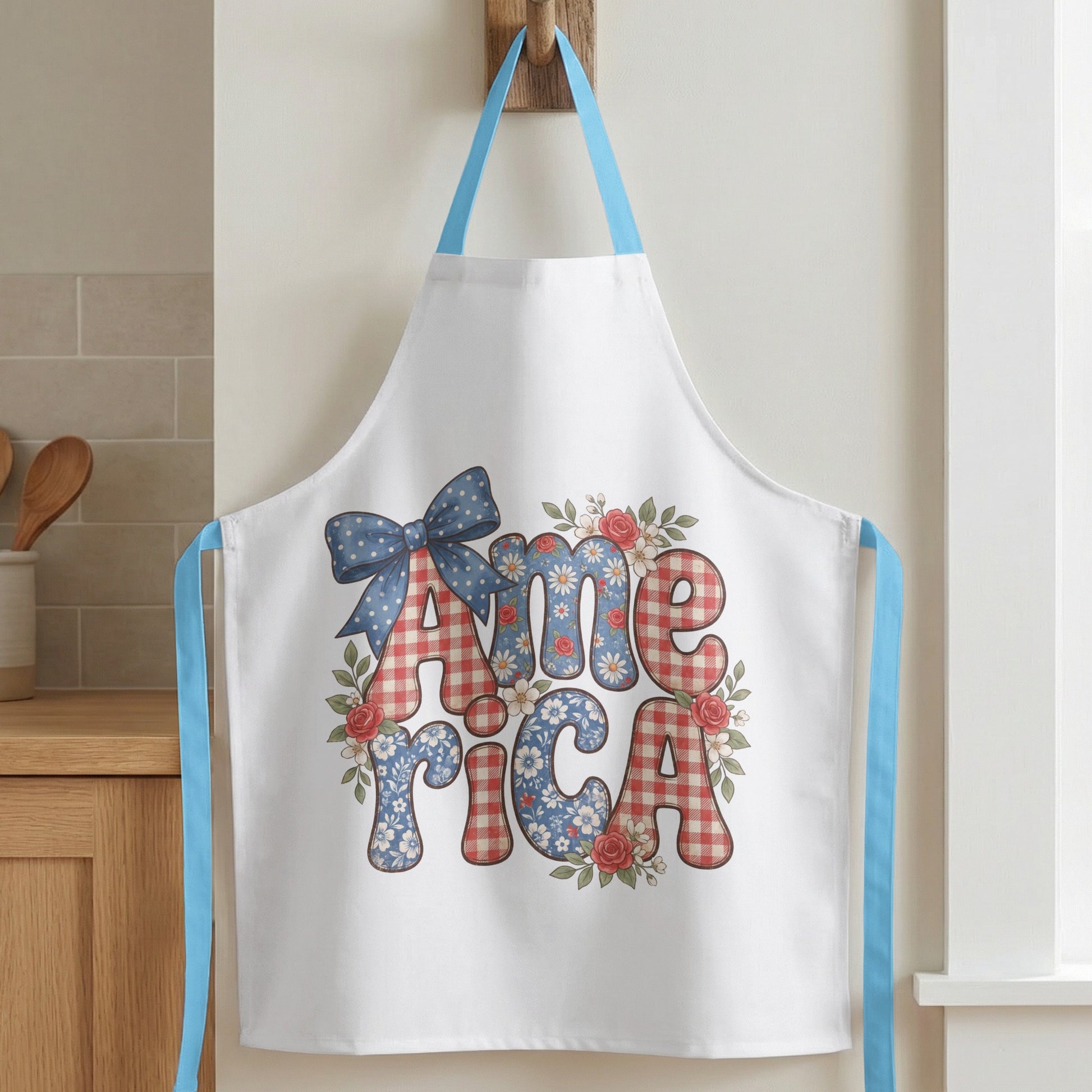 White apron with "America" text and floral and checkered patterns.