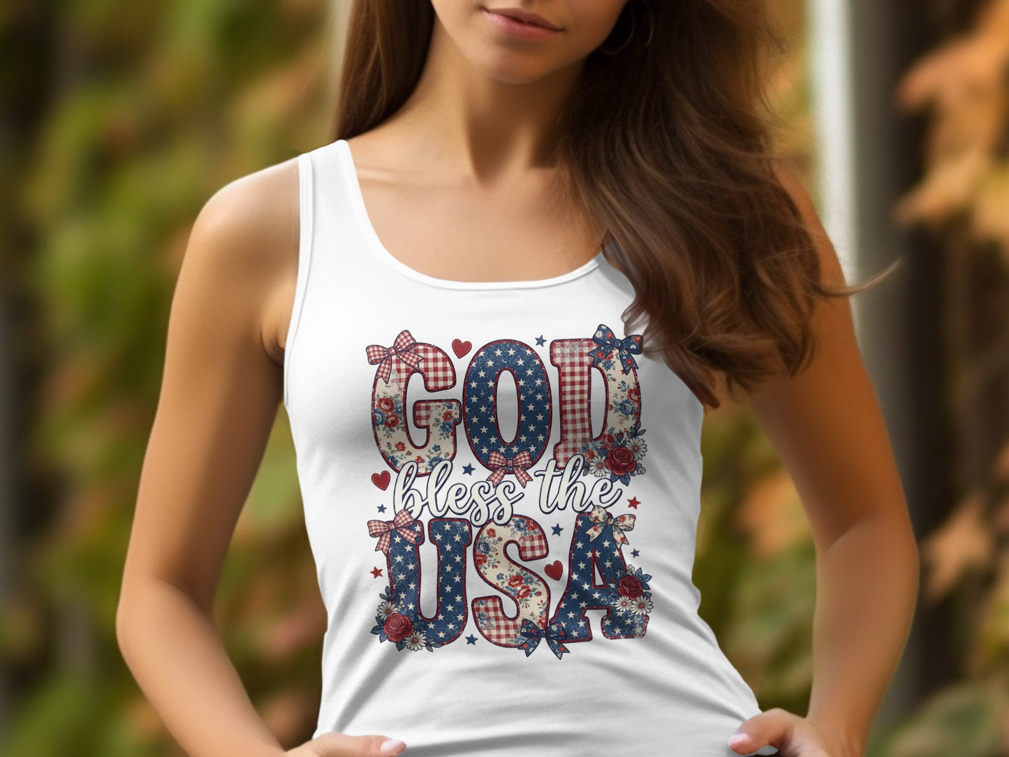 White tank top with "God bless the USA" in Americana-themed block letters.