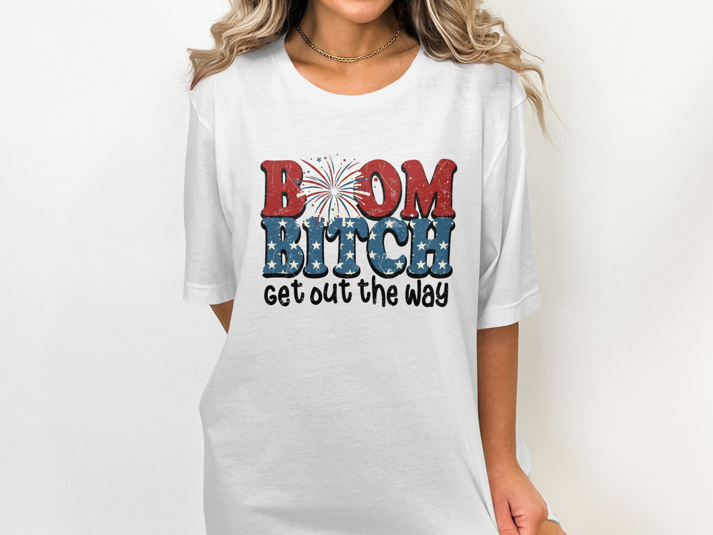 White t-shirt with "BOOM BITCH" and fireworks graphic.