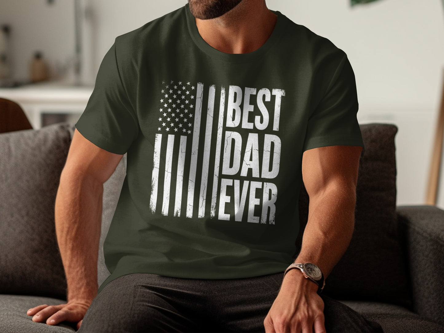 Dark green t-shirt with distressed American flag and "BEST DAD EVER" text.