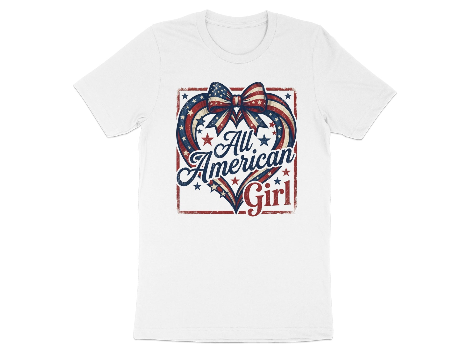White t-shirt with distressed heart graphic and "All American Girl" text.