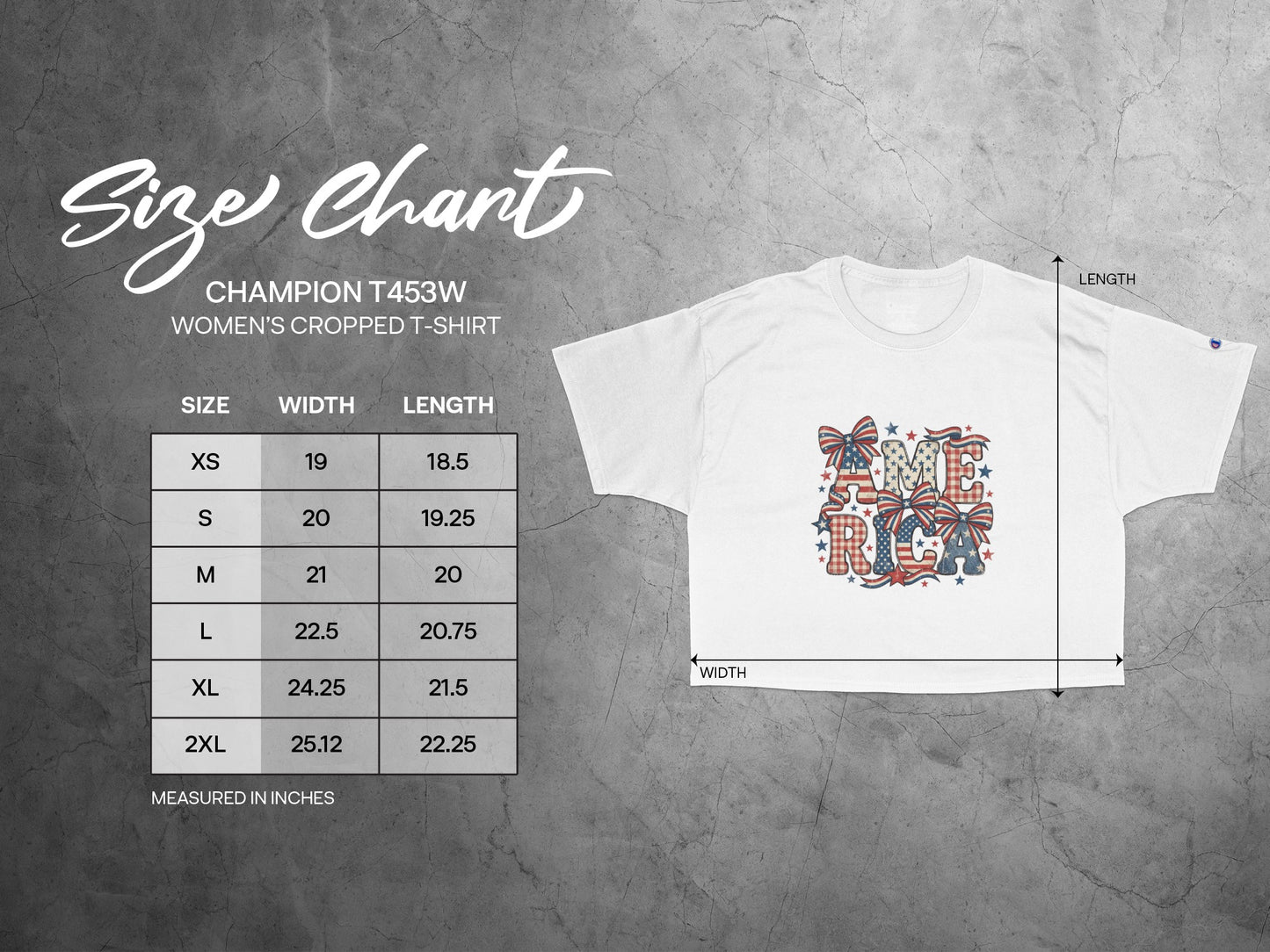 Champion T453W women's cropped t-shirt size chart with width and length measurements.