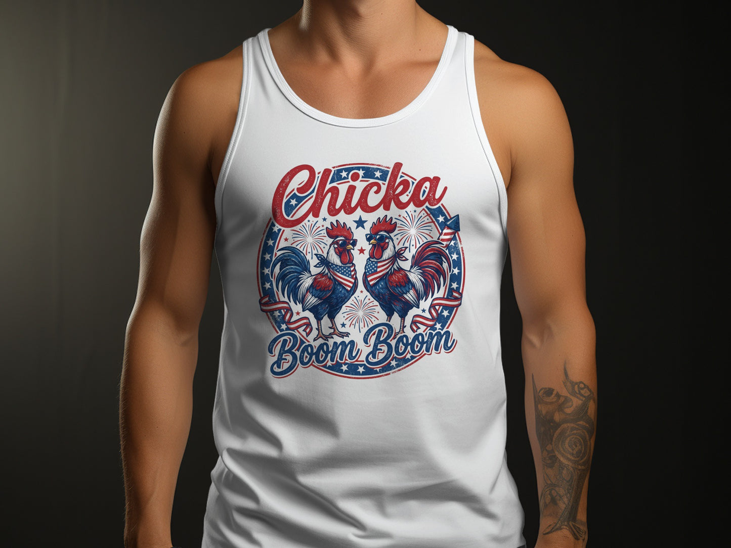White tank top with roosters, fireworks, and text "Chicka Boom Boom".