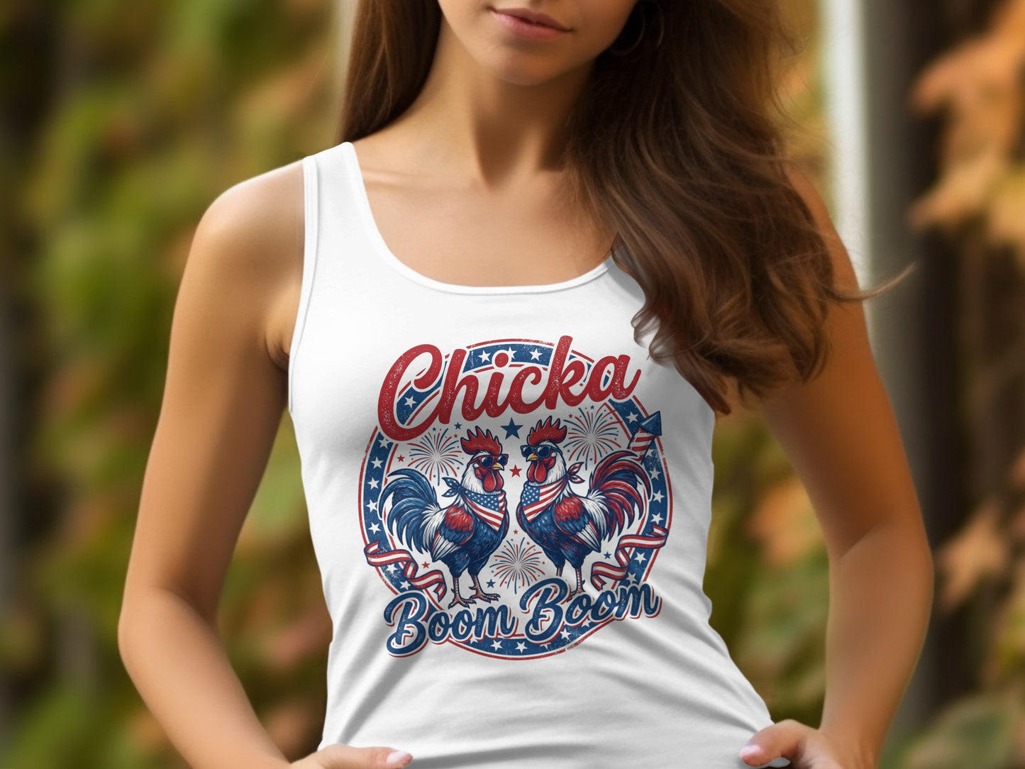 White tank top with roosters wearing sunglasses and bandanas, text says "Chicka Boom Boom".