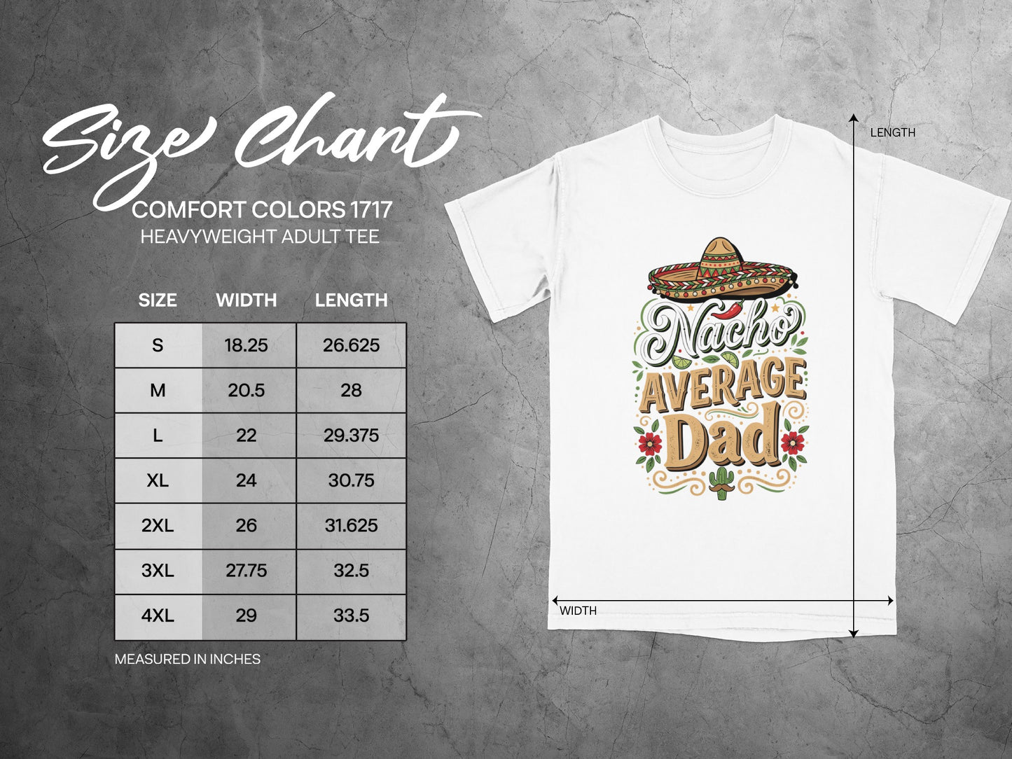 Comfort Colors 1717 heavyweight adult tee size chart with width and length measurements.