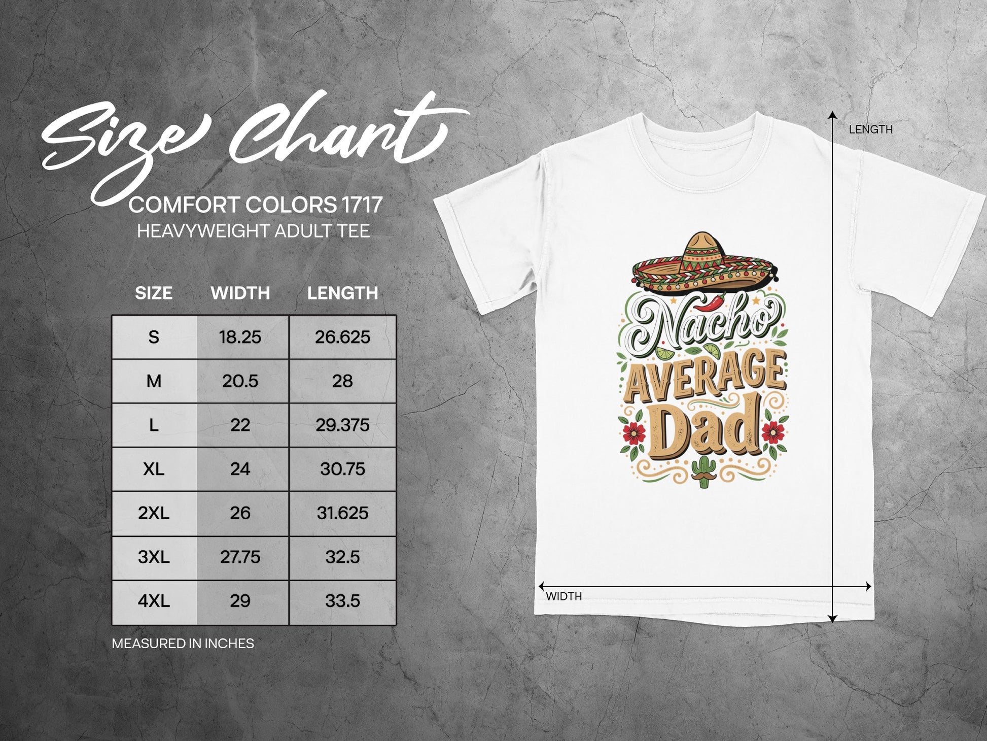 Comfort Colors 1717 heavyweight adult tee size chart with width and length measurements.