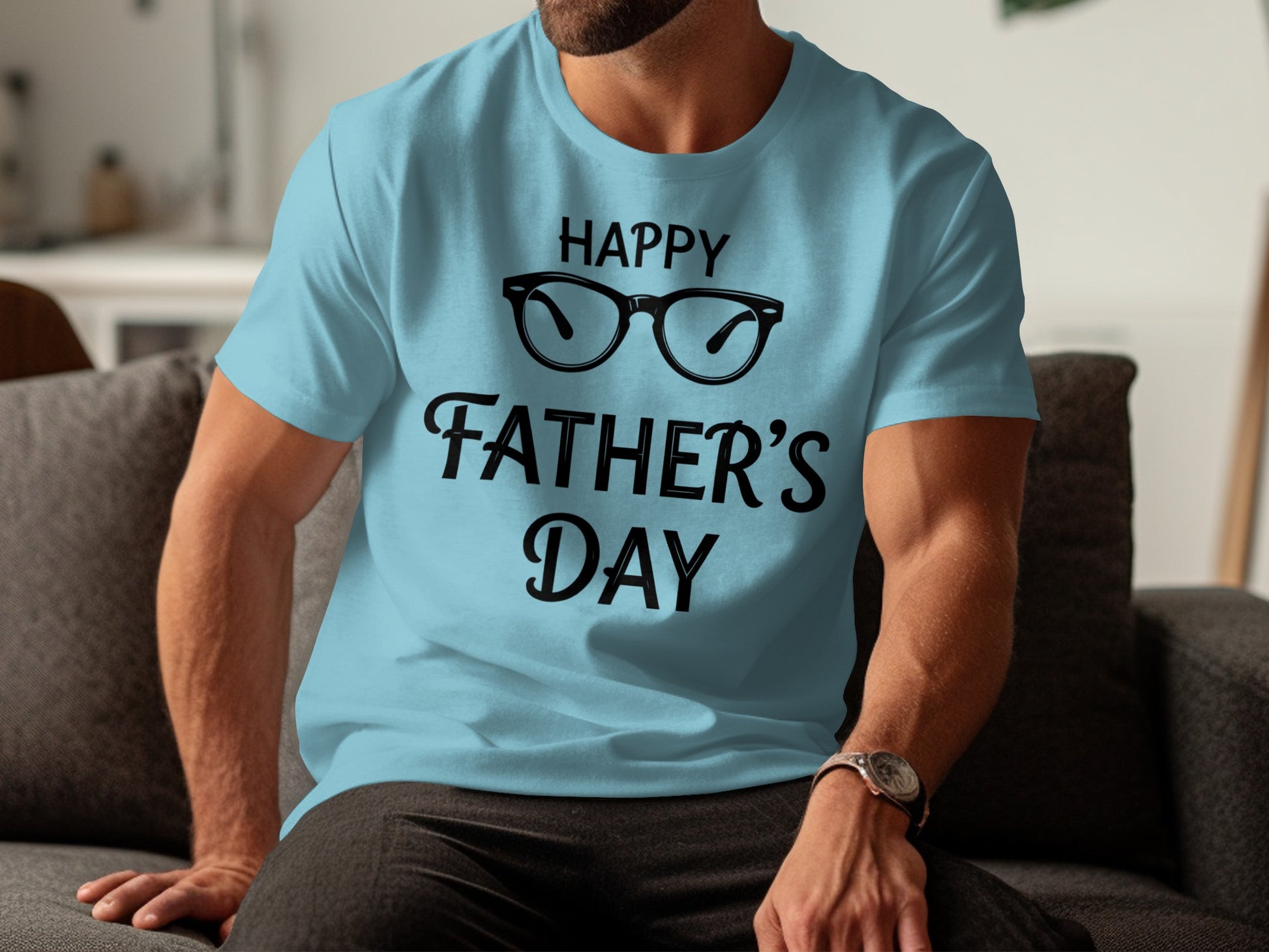 Light blue t-shirt with "Happy Father's Day" text and glasses graphic.