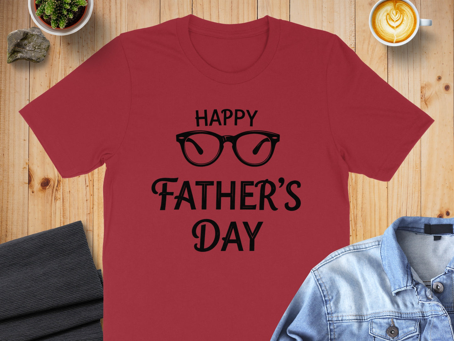 Red t-shirt with "Happy Father's Day" and glasses graphic.