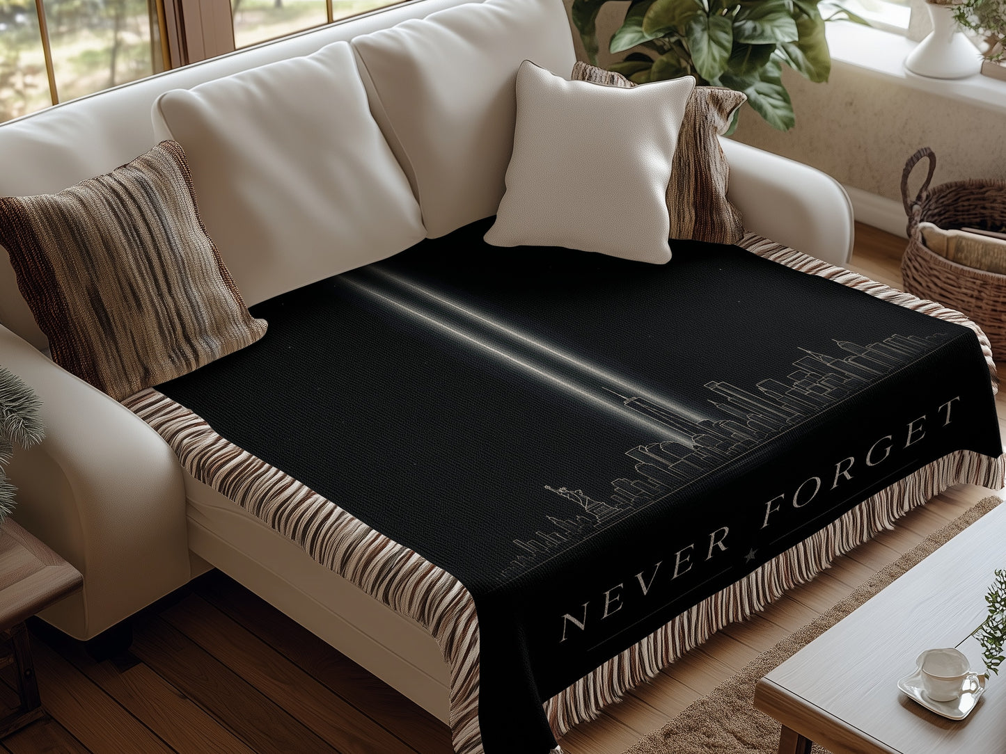 Black blanket with Tribute in Light design and "Never Forget" text.