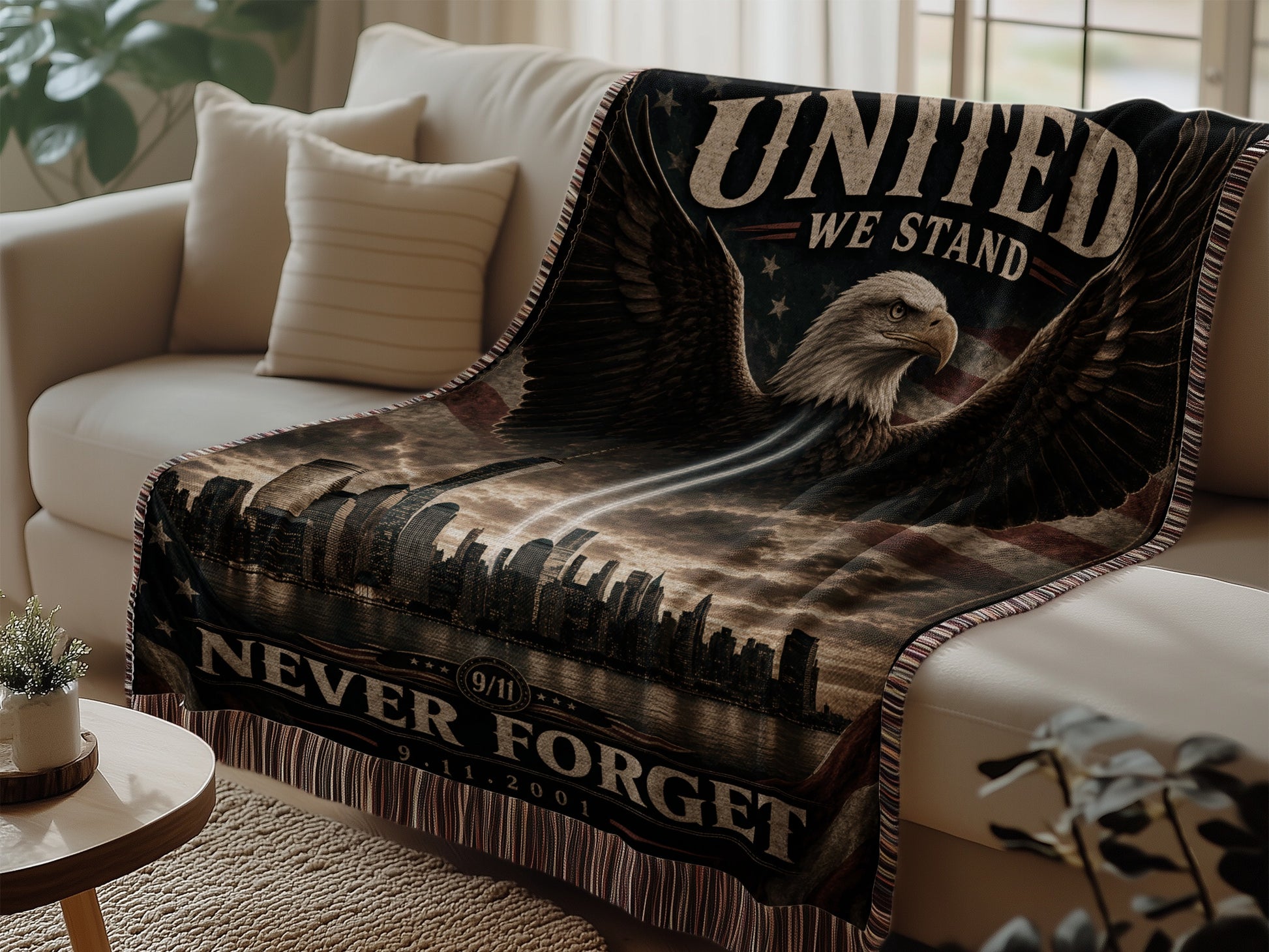 Eagle over skyline, "United We Stand, Never Forget 9.11.2001" text, American flag background.