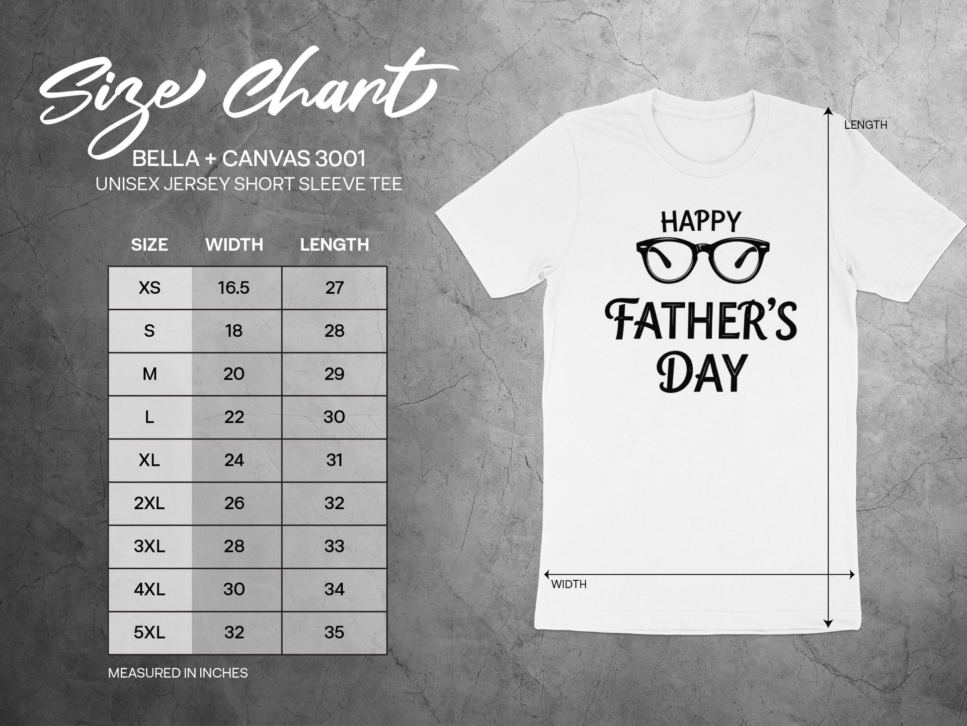 Bella + Canvas unisex t-shirt size chart with measurements for width and length.