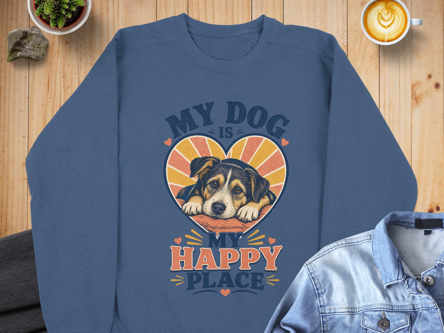 Blue sweatshirt with graphic of dog in heart saying "My Dog Is My Happy Place".