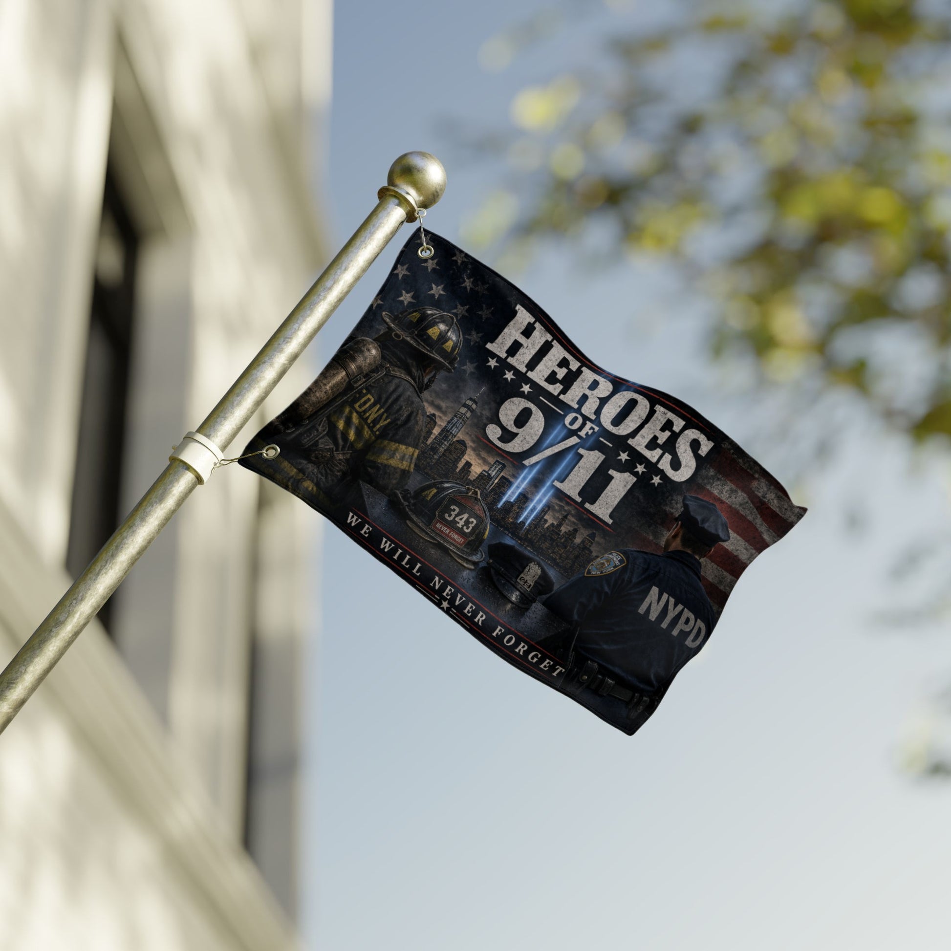 9/11 memorial flag with firefighters, police, and the words "Heroes of 9/11".