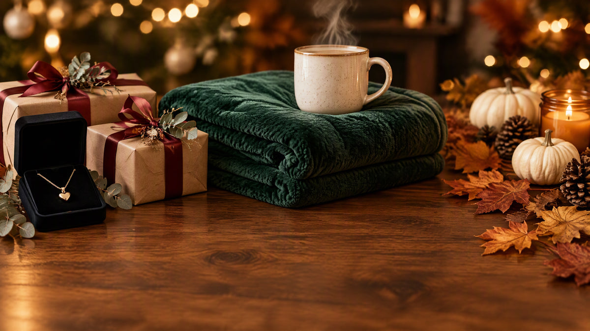 Autumn gift display with a gold heart necklace in a black box, kraft-wrapped gifts with burgundy ribbon, a green plush blanket and mug, pumpkins, candles and fall leaves